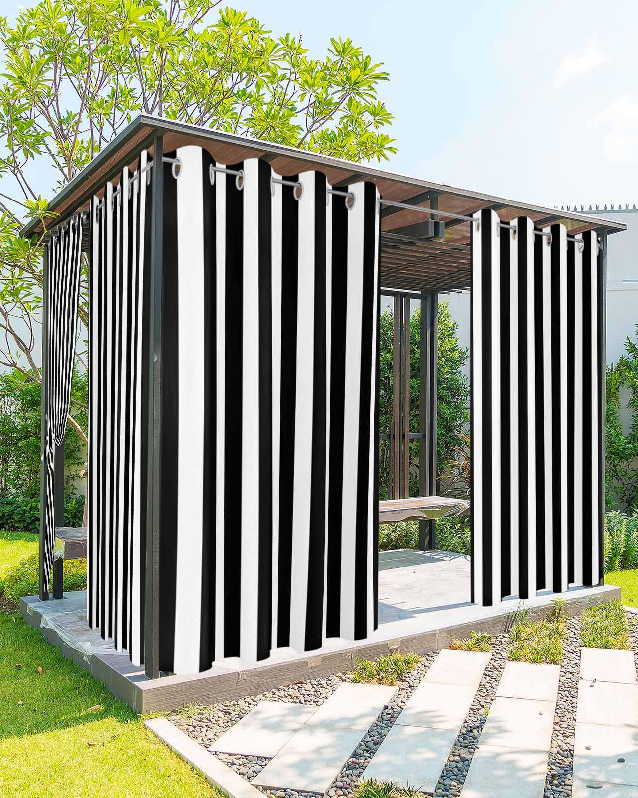 Striped Outdoor Curtains for Patio Waterproof Weatherproof,Black and White Outdoor Curtains,Sun Blocking Privacy Grommet Outside Curtains Weighted