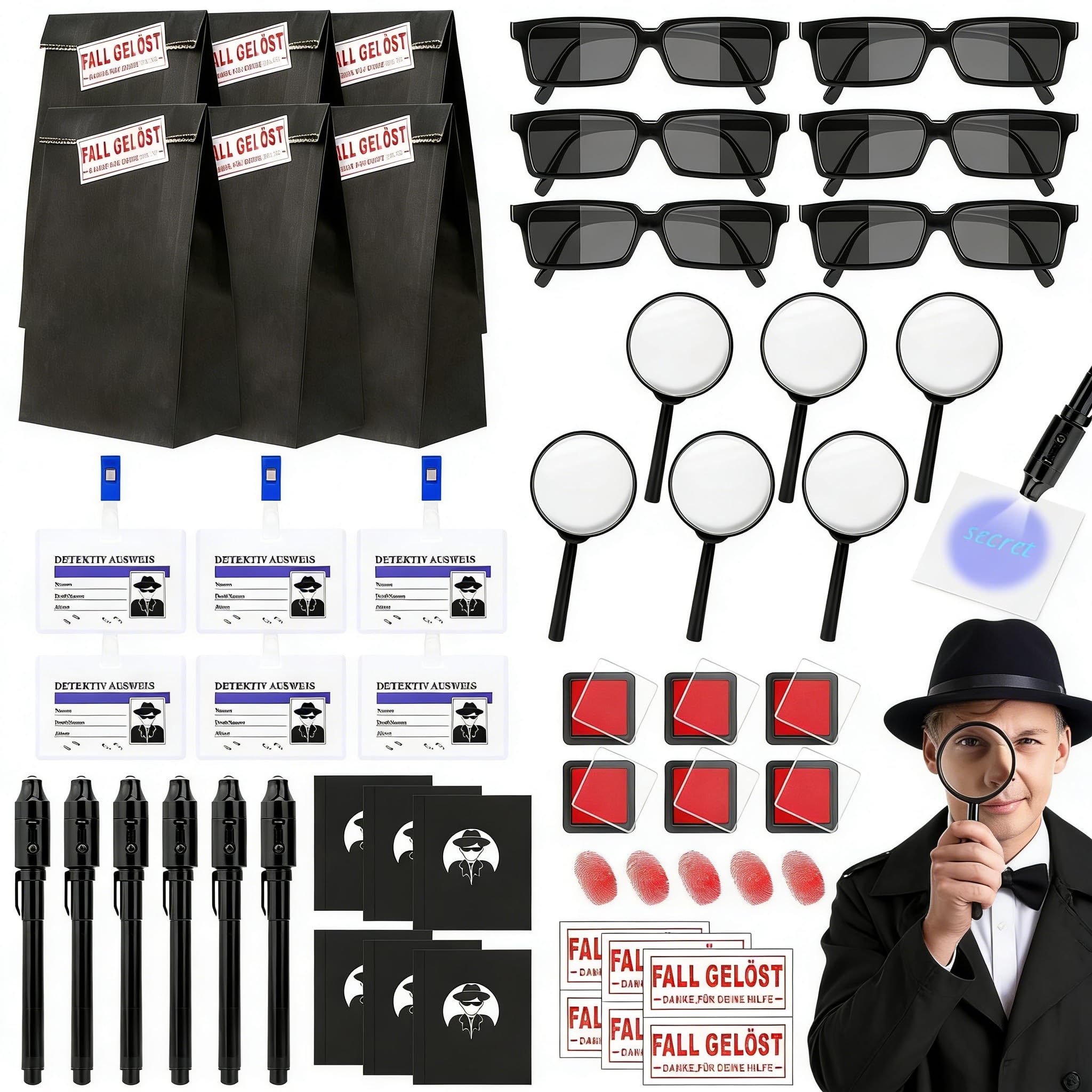 SelfTek 48 PCS Détective Pinata Anniversaire, Kit Espion Enfant avec Lunettes D'agent, Stylo Secret, Carnet De Notes, Loupe, Carte De Détection, Cadeaux De Jeu De Détective