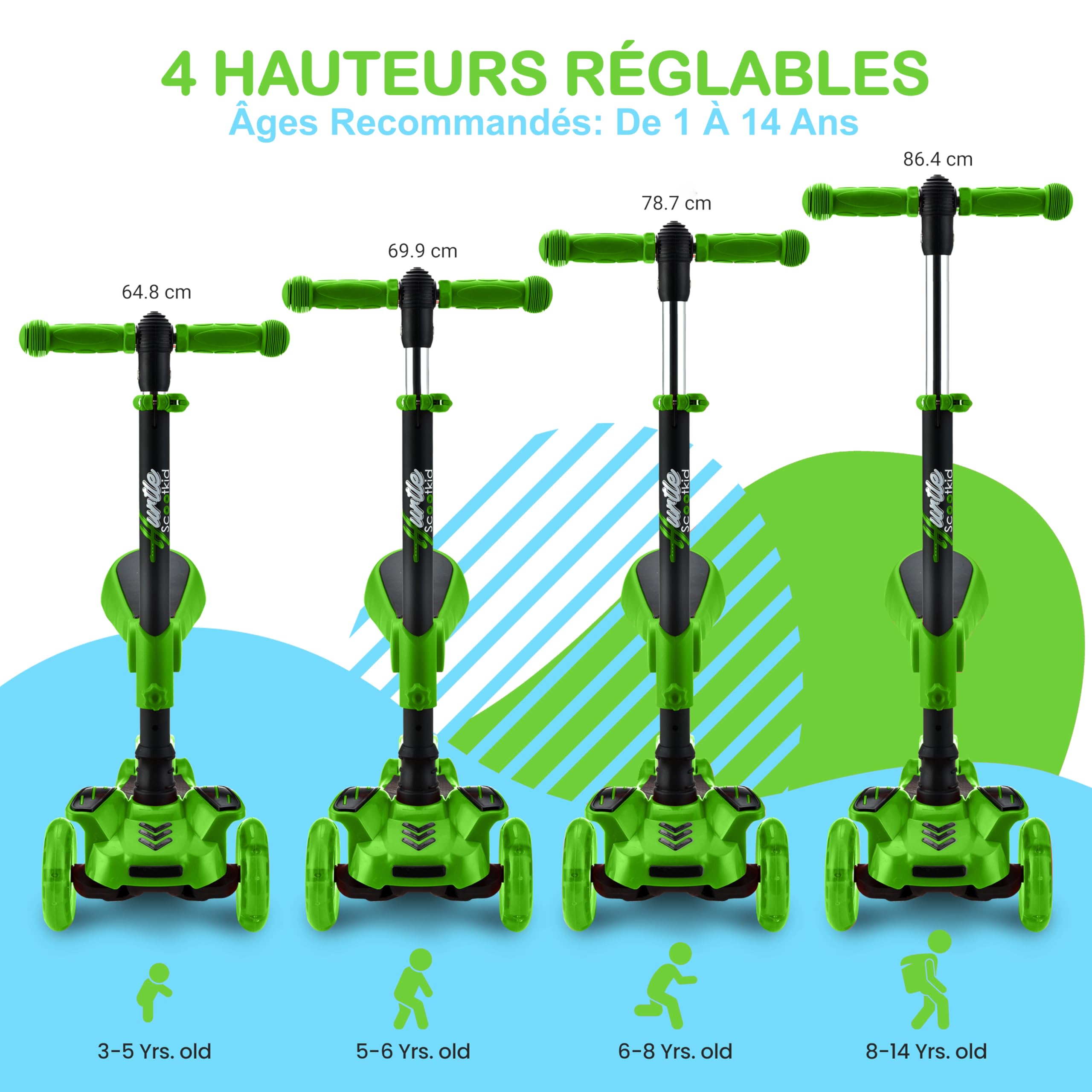 Hurtle Trottinette 3 Roues Pliable Pour Enfants – Siège Amovible, Guidon Réglable, Roues LED – De 2 à 8 Ans, Capacité 60 Kg