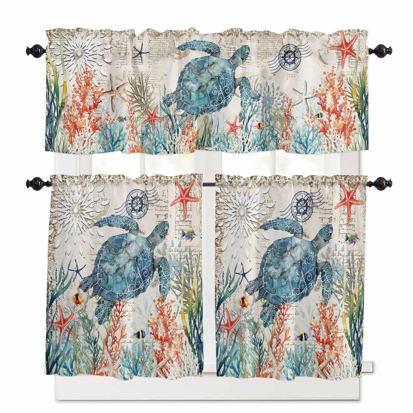 Coastal Sea Turtle Kitchen Curtains 24 Inch Length,3 Piece Rod Pocket Small Half Tiers and Valance Set,Ocean Nautical Tropical Fish Seaweeds Small Large Window Treatment Decor for Bedroom/Bathroom