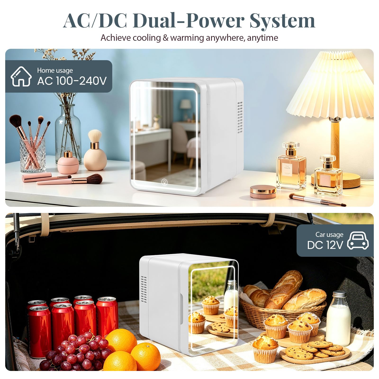 Mini Kühlschrank 5 L / 6 Dosen, LED-Lampe mit 3-stufiger Dimmfunktion,220V AC / 12V DC Kühl- & Wärmefunktion, Kosmetik Kühlschrank für Zimmer, Büro, Skincare, Getränke & Kosmetik (Weiß)