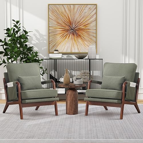 Miniatura 25 de ANJ Silla decorativa moderna de mediados de siglo, sillón de lectura de una sola tela con marco de madera maciza, sillas de brazo de fácil montaje