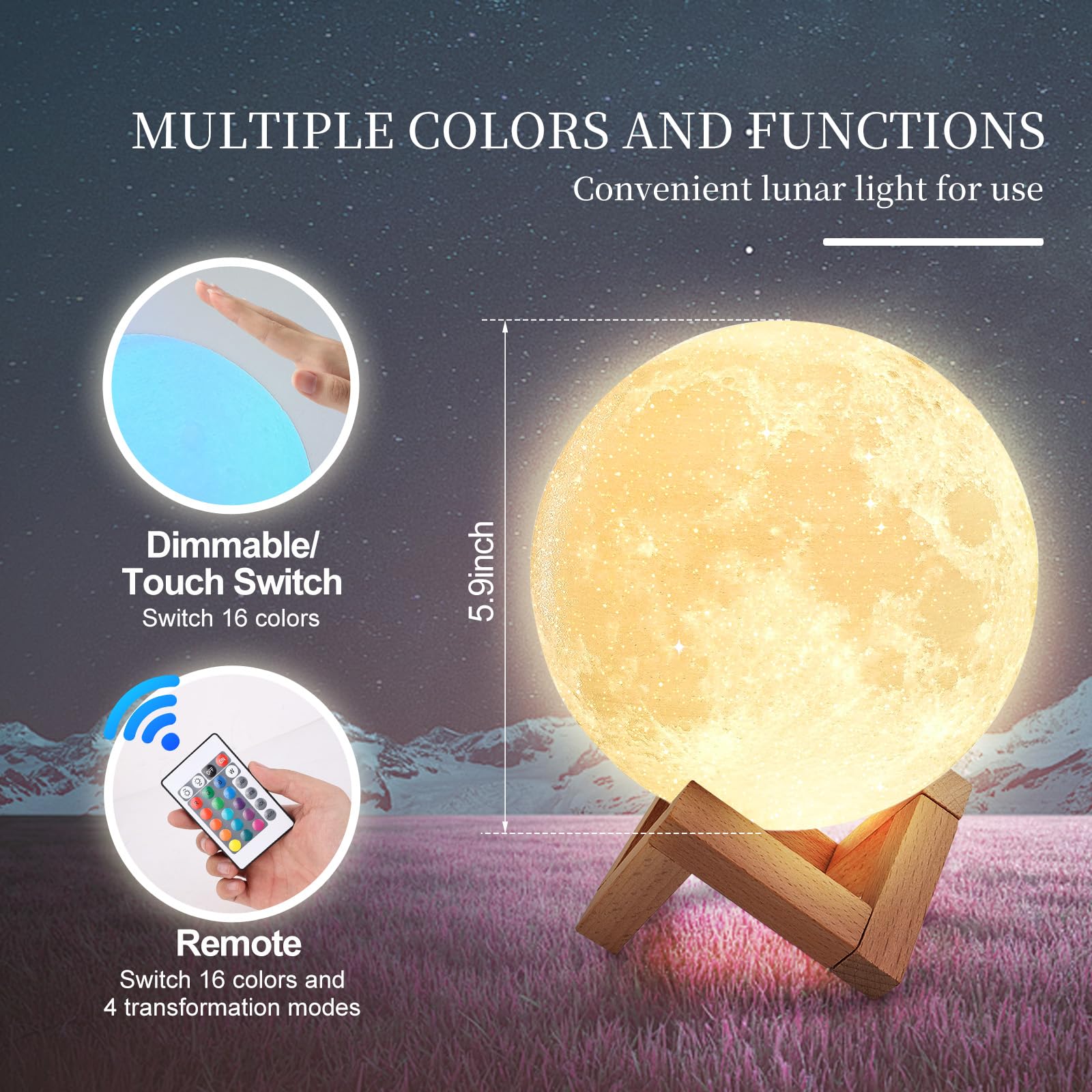 Poojaed Lampada luna 3D 15CM/5.9" Upgraded 16 colori di regolazione,supporto in legno,telecomando e carica USB,luce lunare decorazione per adulti ragazze bambini compleanno,regali di San Valentino