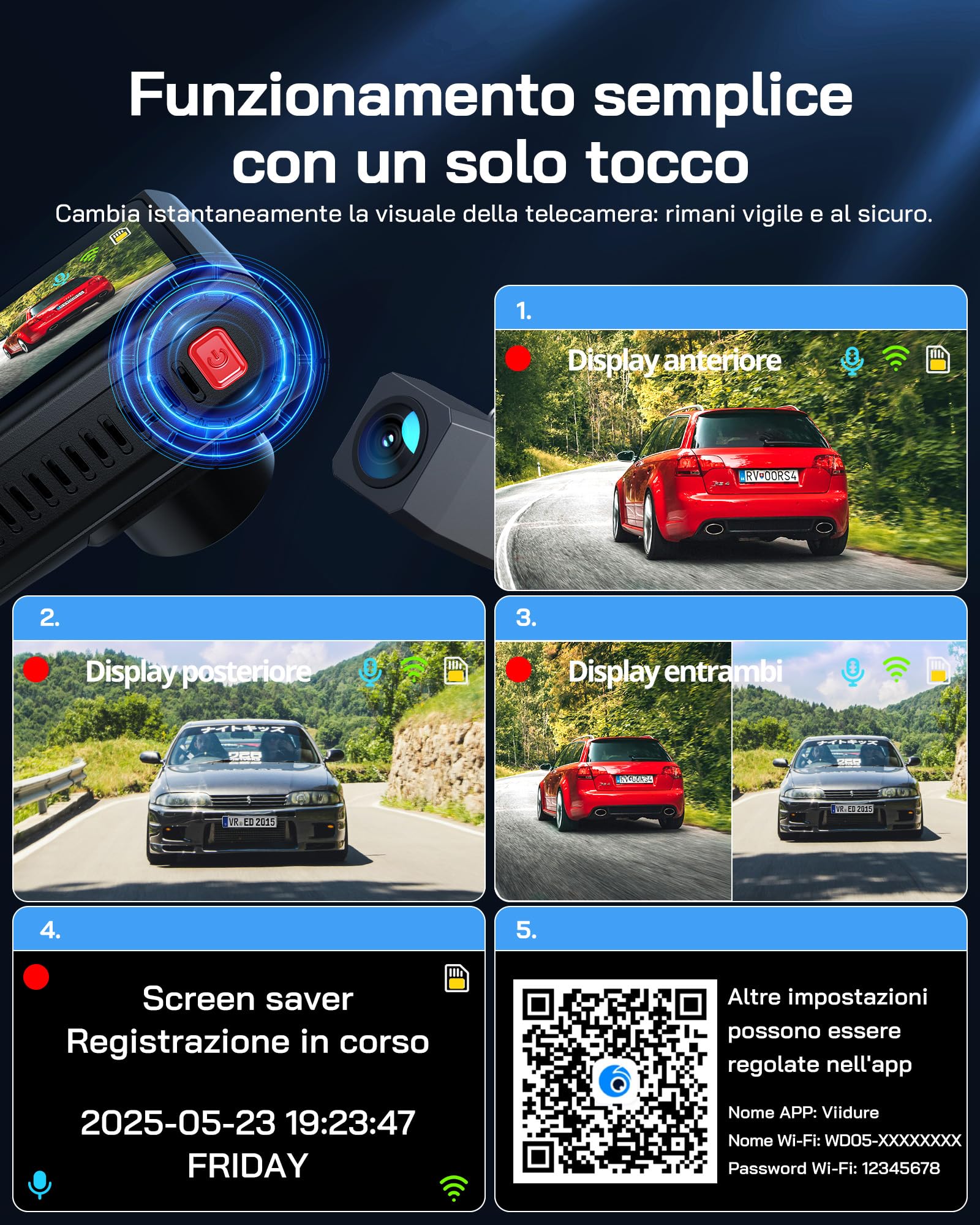 WOLFANG Dash Cam Auto 4K, Doppia Telecamera WiFi per Auto, Schermo da 3", Super Dashcam con Visione Notturna, Monitor di Parcheggio, Sensore G, 170° Grandangolo, WDR, Scheda SD 32G
