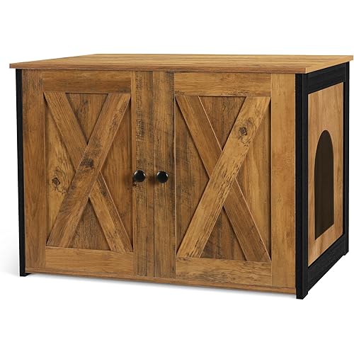 Dwanton Litter Box Enclosure, Cat Litter Box Furniture Hidden, Reversible Entrance Can Be on Left or Right Side, Wooden Cat Washroom Indoor, Fit Most of Litter Box, Warm Brown