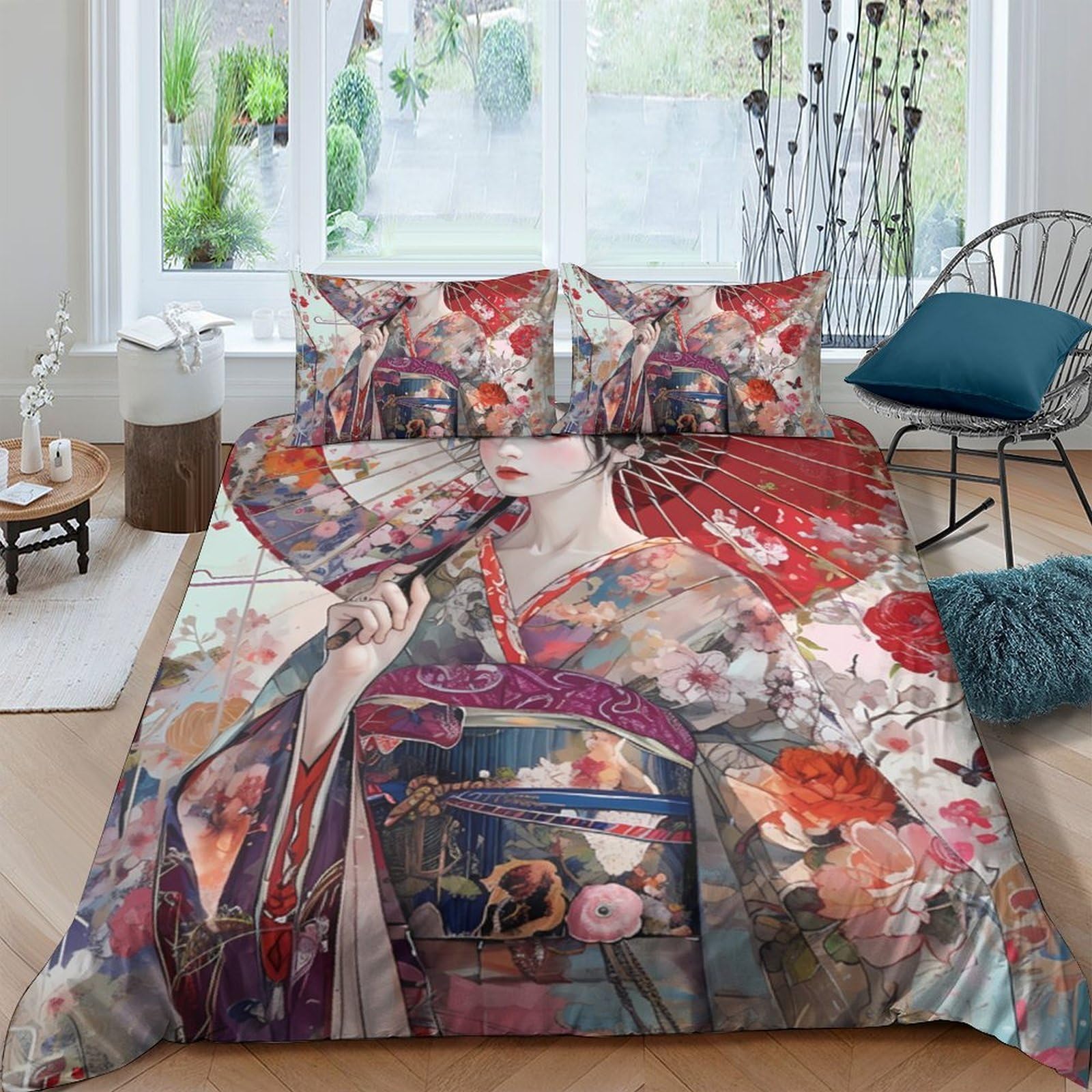 Ctjqhvkz Style-7 3D Printed Geisha Art Fitted Sheet Microfiber Soft Breathable Japanese Umbrella Mattress Cover Bedroom Decor Single（135X200cm）