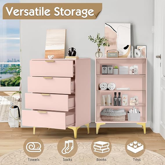 KIGOTY 4 Drawer Dresser for Bedroom, Modern Tall Dresser Storage Cabinet, Wood Chest of Drawers, Bedroom Dressers, Storage Organizer Unit for Living Room, Hallway, Entryway (Pink)
