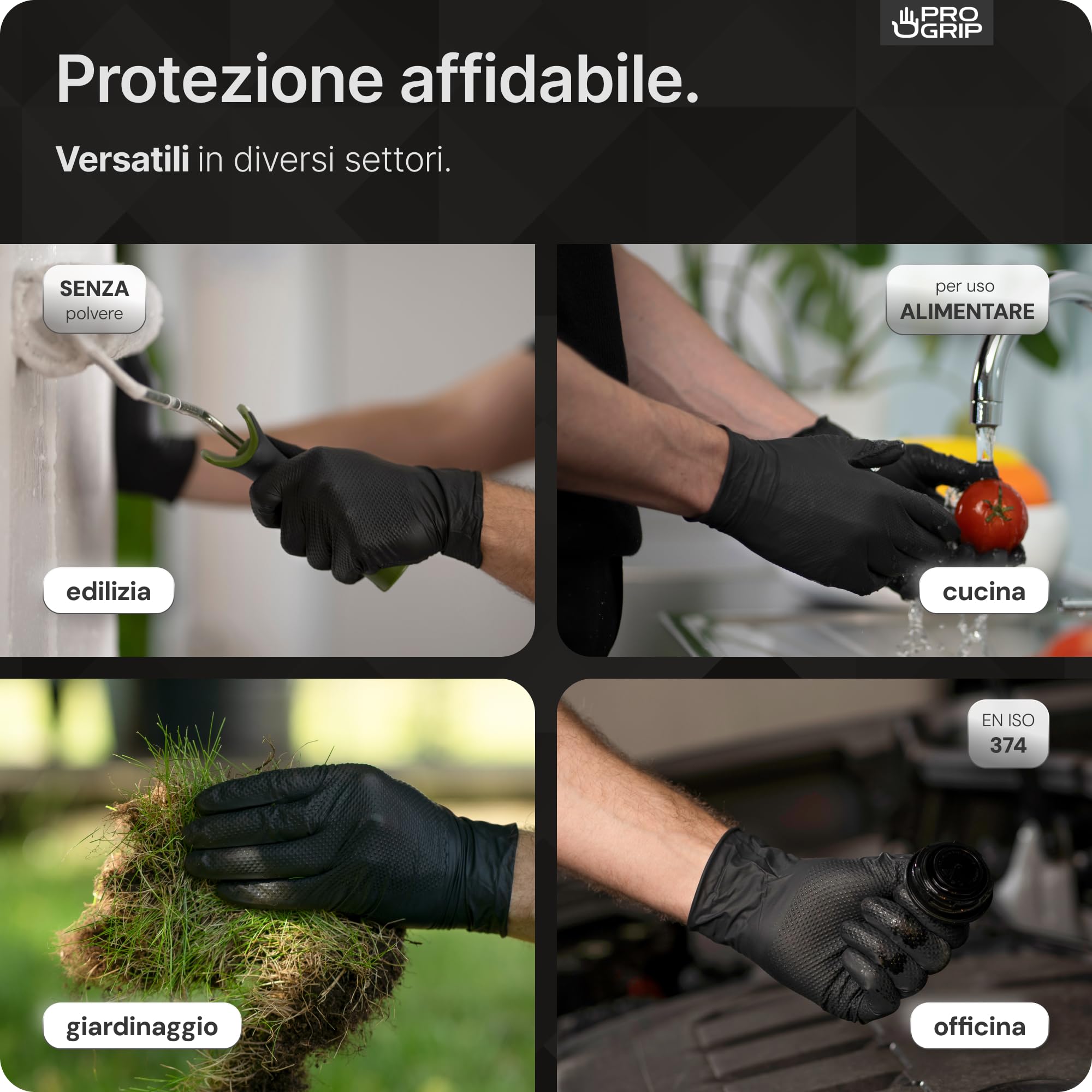 50x PROGRIP Guanti nitrile L Nero [Extra resistenti], Guanti monouso plastica, 2x più spessi, con finitura diamantata, Guanti in nitrile per industria e montaggio, guanti lavoro