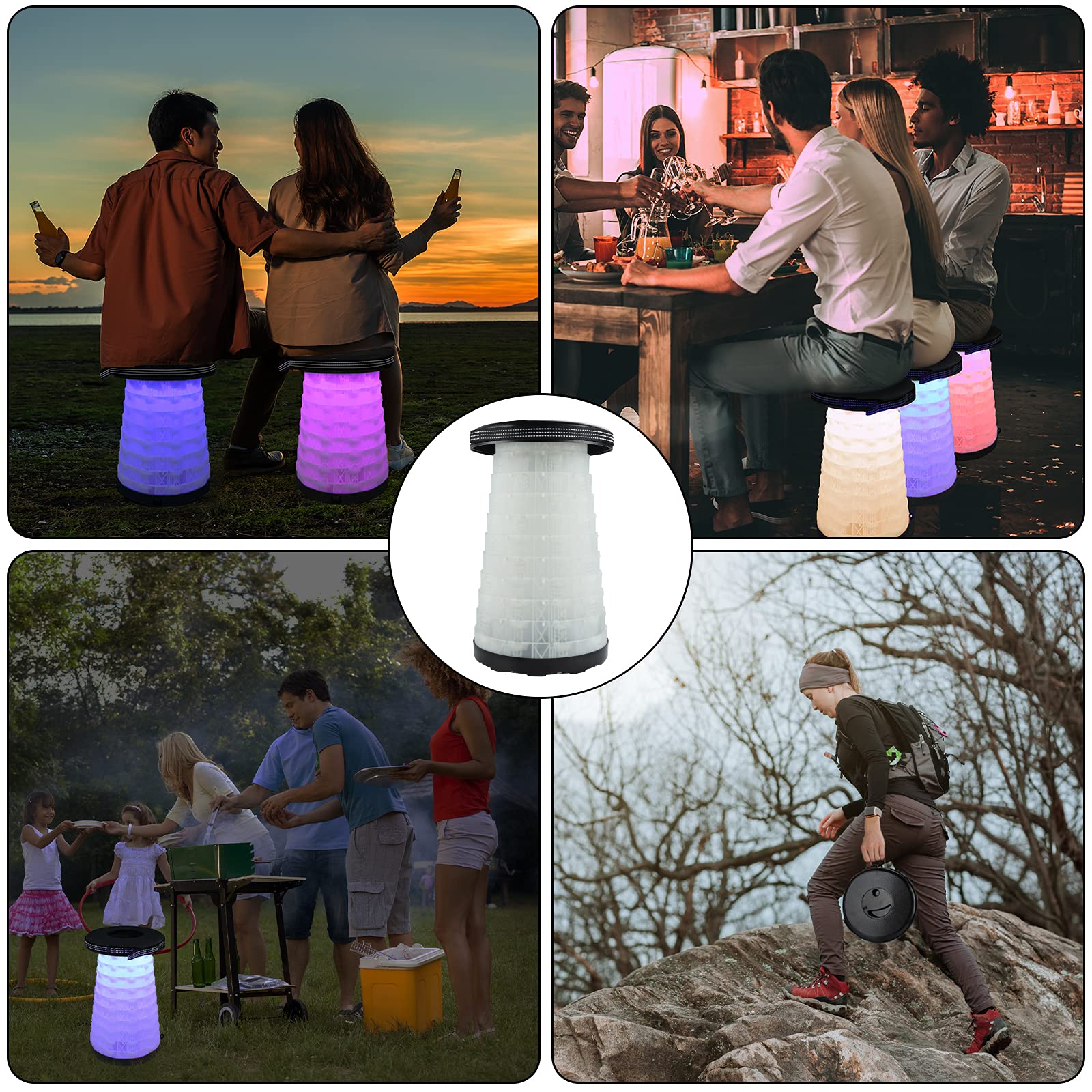 Sgabelli pieghevoli portatili con luce per campeggio, sedia retrattile in plastica, leggera, pieghevole, per adulti, pesca, giardino, esterni, interni (nero)