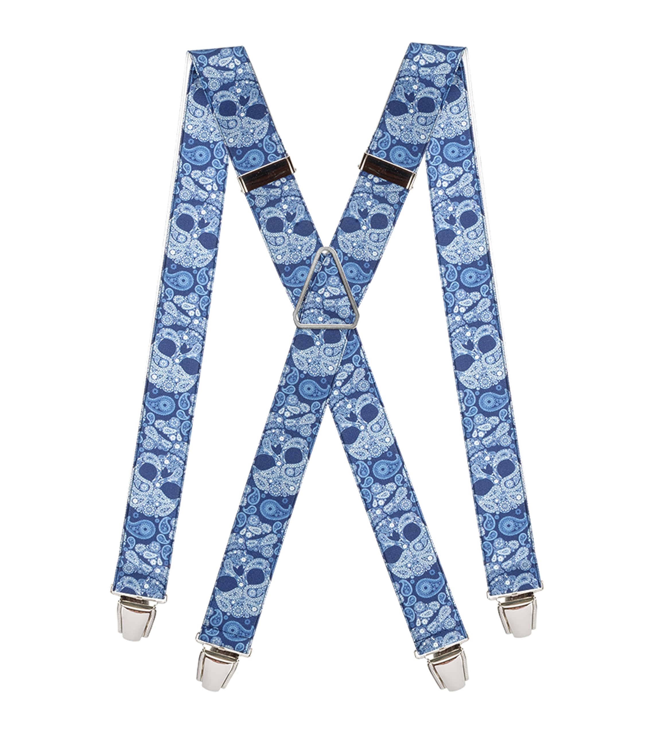 Pierrot Men's Blue Skulls Braces Premium With Very Strong Clips - One Size Adjustable And Elastic Braces, Reinforced Elastic Band - Wide Heavy Duty Suspenders For Trousers