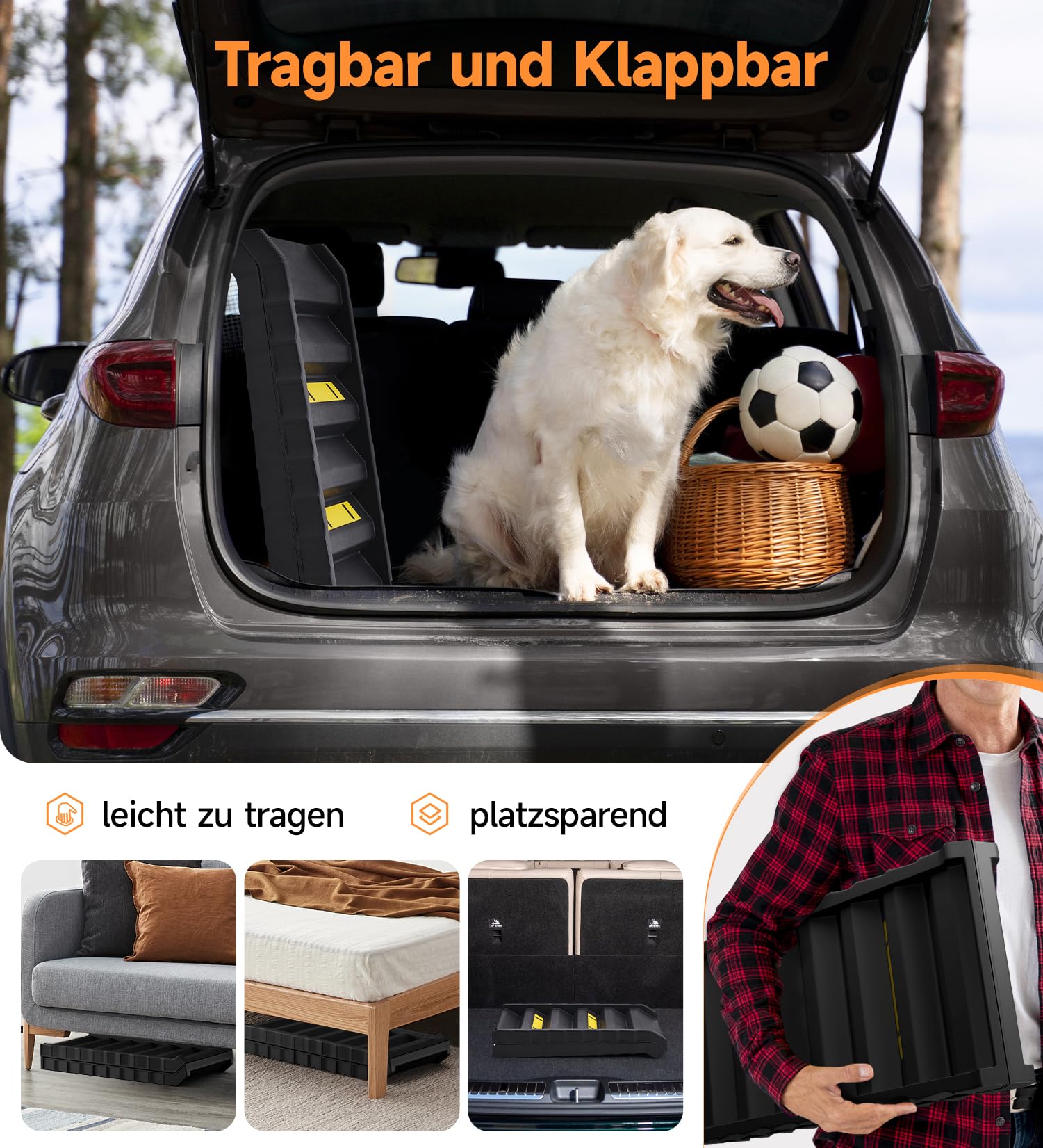 Hunderampe Auto Klappbar, Hundetreppe Für Kleine Große Hunde, rutschfeste Haustiertreppe für Bett, Sofa, Stabile Einstiegshilfe Rampe, Hundetreppe Auto Stufen für Auto Kofferraum bis 75 kg Schwarz