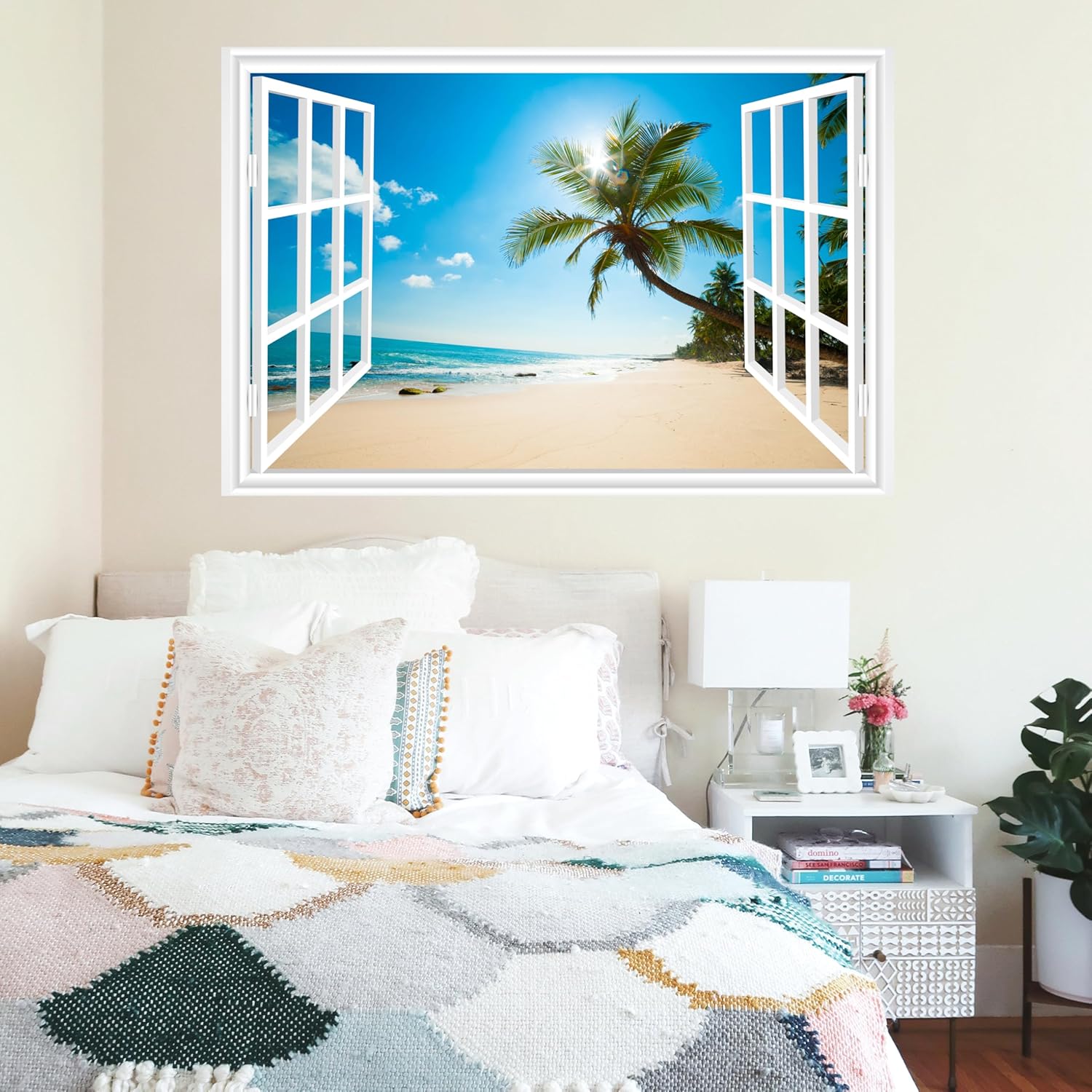 Fake Window for Walls Faux Window Decal Windows Poster Picture Open Window Wall Art Decor, Stick and Peel Wallpaper Nature Wall Decol Sky Tree Scene Mural, 48"x72"