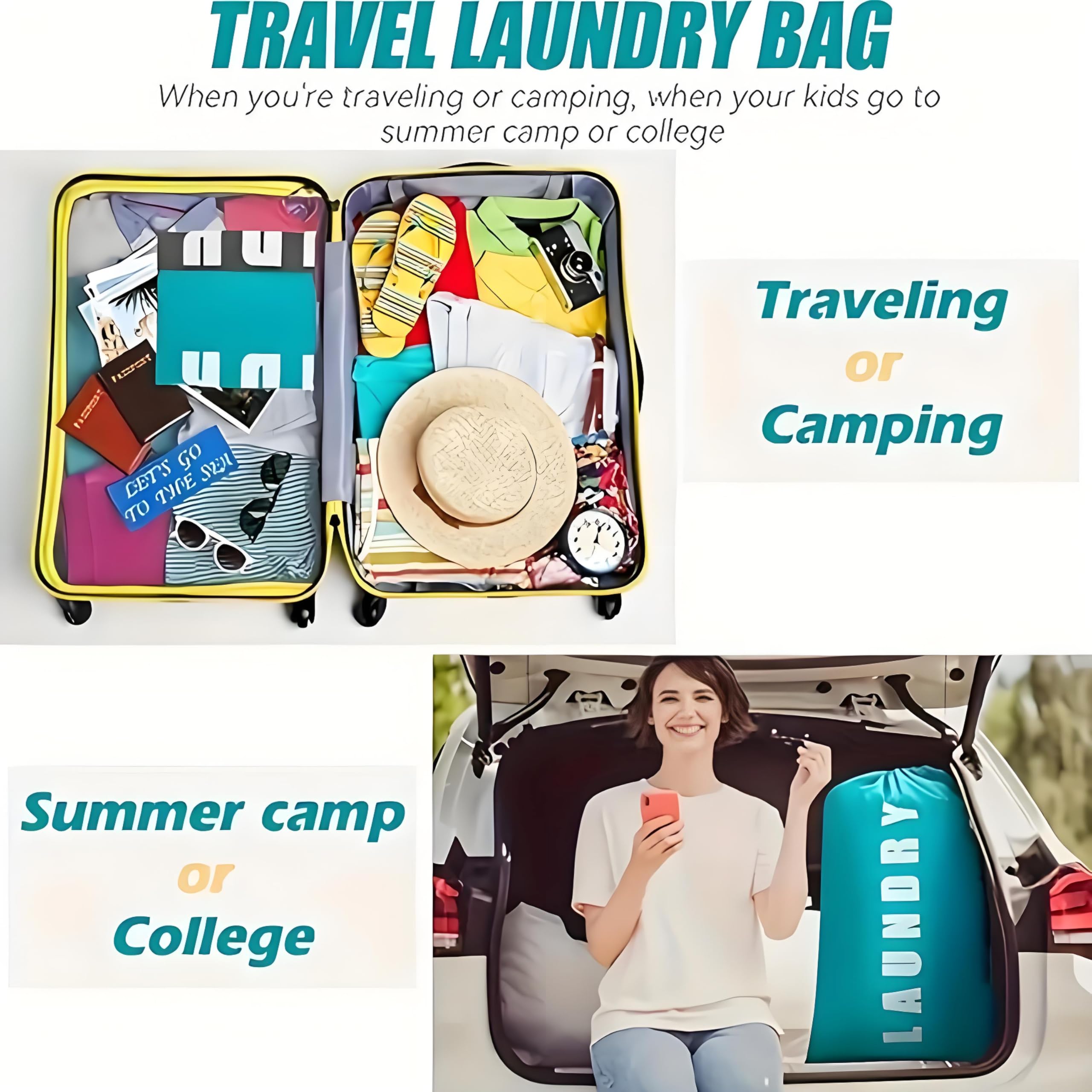 Paquete de 2 bolsas de lavandería grandes, bolsa de lavandería portátil de 24 x 36 pulgadas con cordón de cordón, bolsas de lavandería de viaje para ropa sucia, ideal para viajes, hogar, dormitorio y
