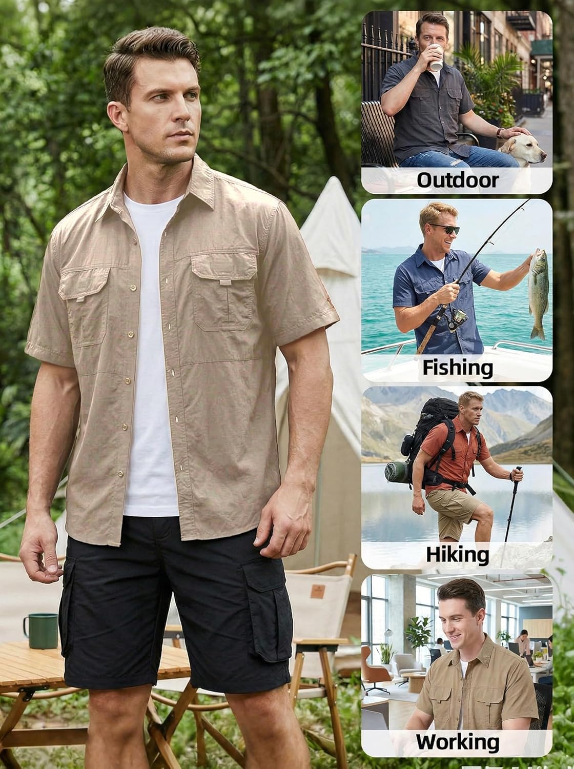 Men's Fishing Shirt UPF 50+ Sun Protection Short Sleeves Button Down Casual Hiking Work Summer Travel