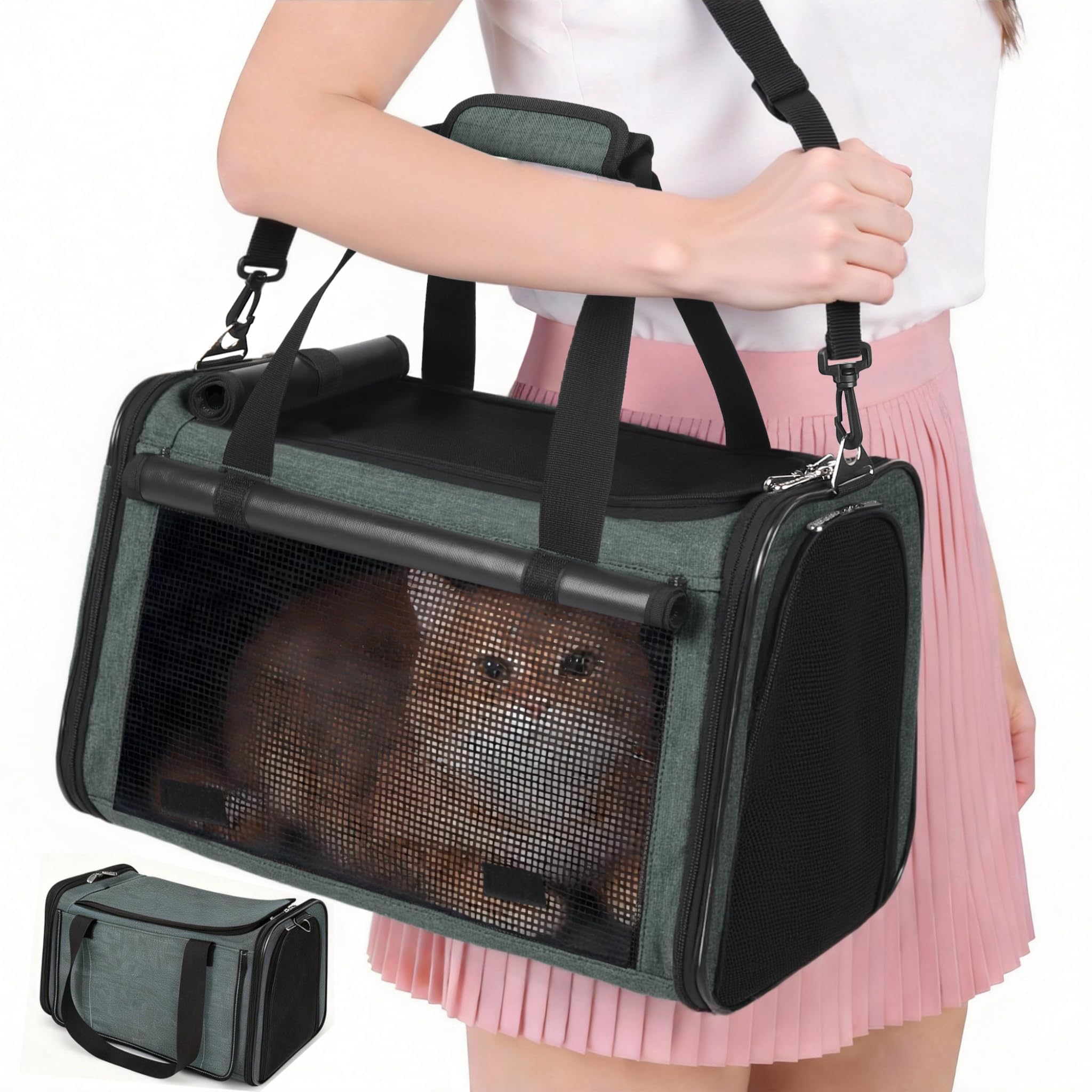 YUDODO 25 lbs Lightproof Soft Sided Pet Carrier for Large Cat & Small Dog Airline Approved Travel Puppy Carrier with Side Pockets & Reflective Mesh, Foldable Portable for Outdoor Car Grey Green