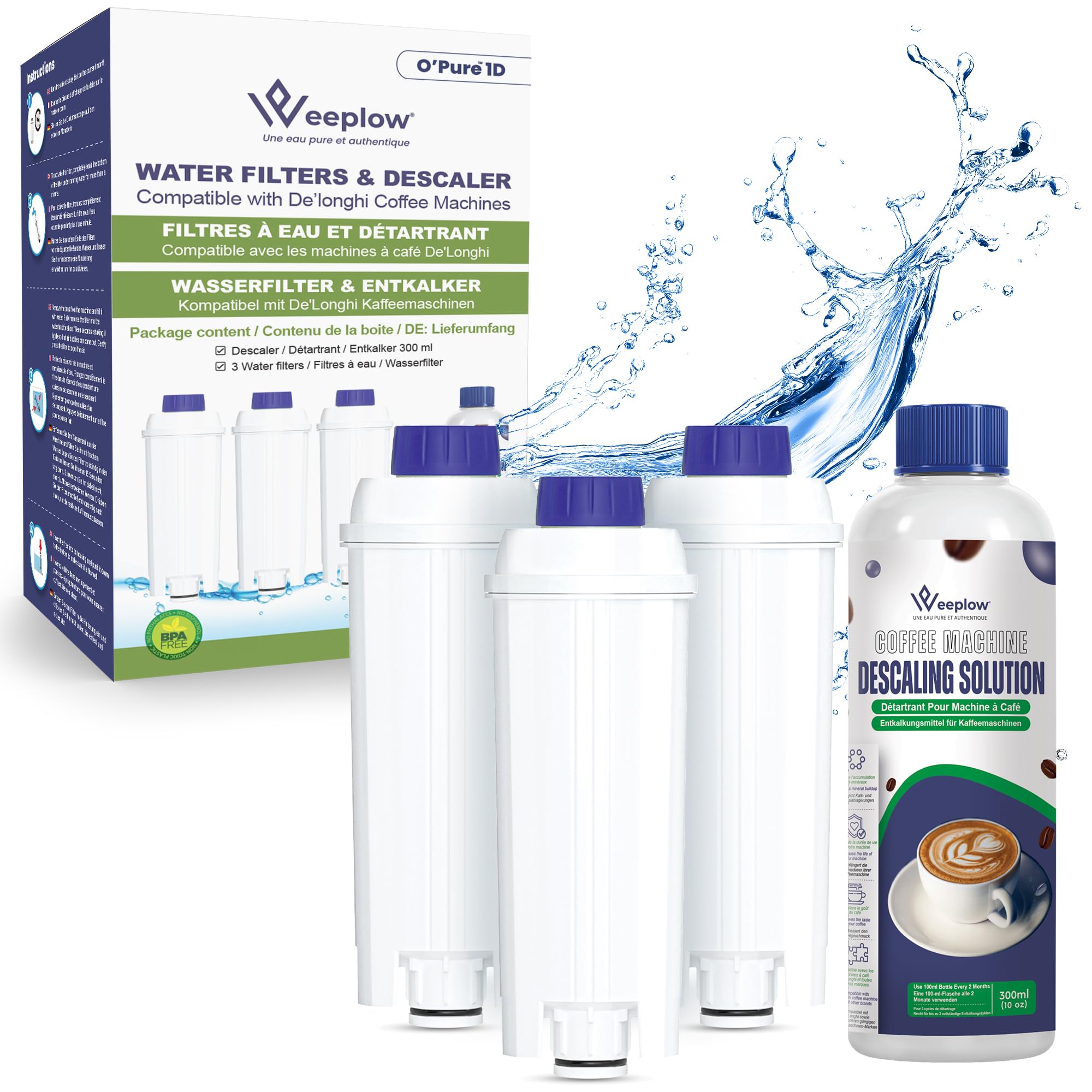 Weeplow 3 Water Filters & Descaler for DeLonghi Coffee Machines DLSC002 Set