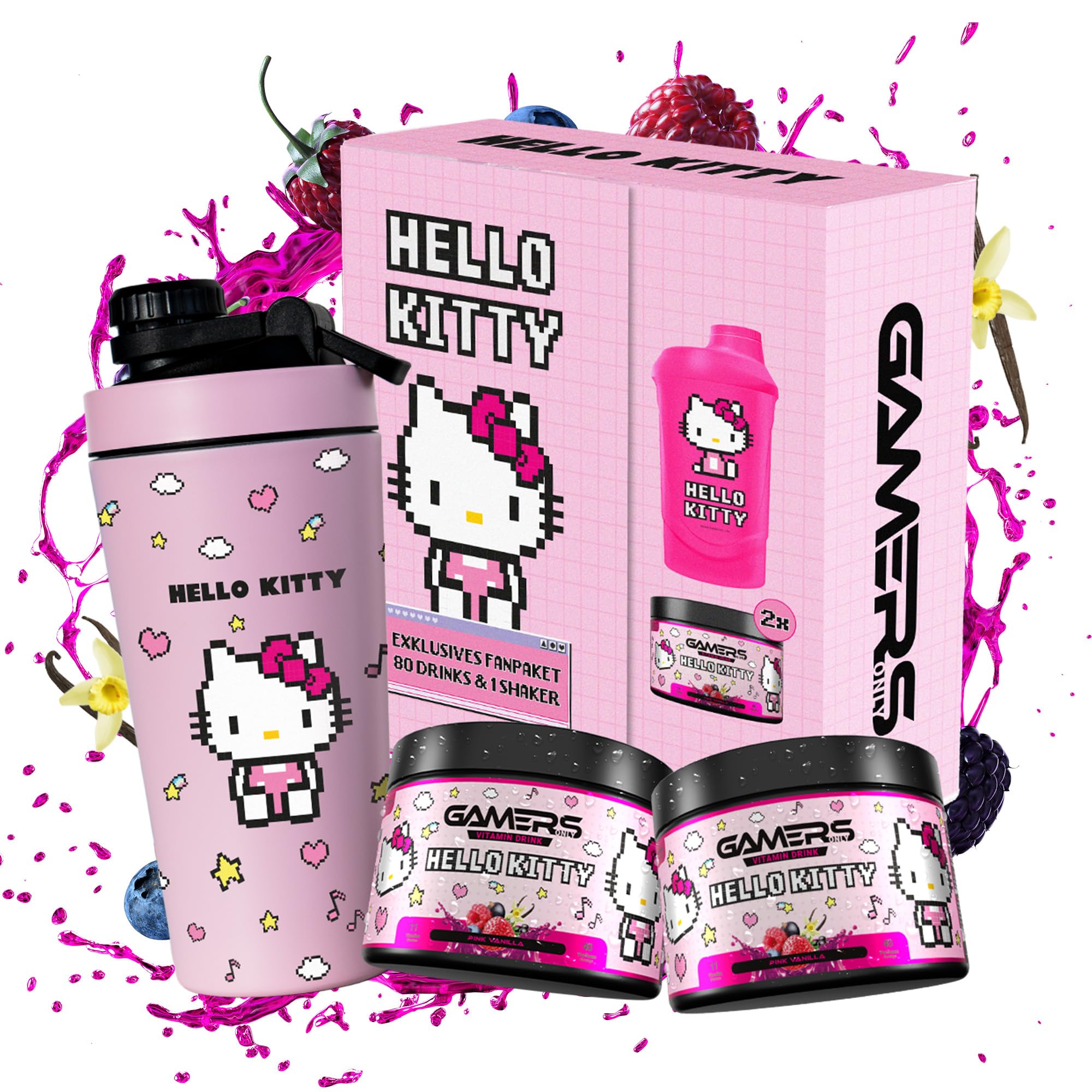 Gamers Only x HELLO KITTY Premium Collector Bundle [MIT 2x VITAMIN DRINK ] - 40 Portionen | inkl. Edelstahlshaker | Erhöht die Konzentration & Reaktionen | 125 MG Koffein & 12 Vitaminen