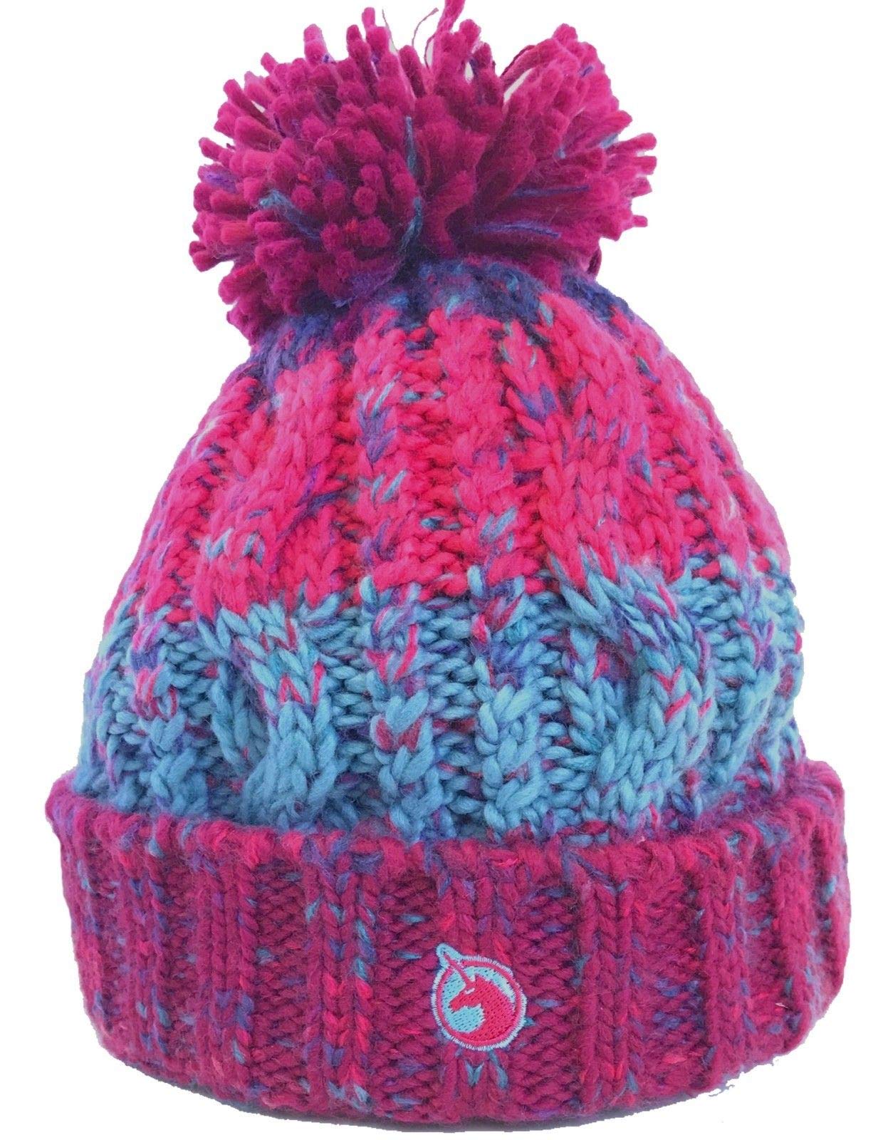 Ukprintwear Women's Pink Berries Unicorn Headwear Corkscrew Acrylic Knitted Fleece Lined Pom Pom Beanie Hat (Winter Berries)