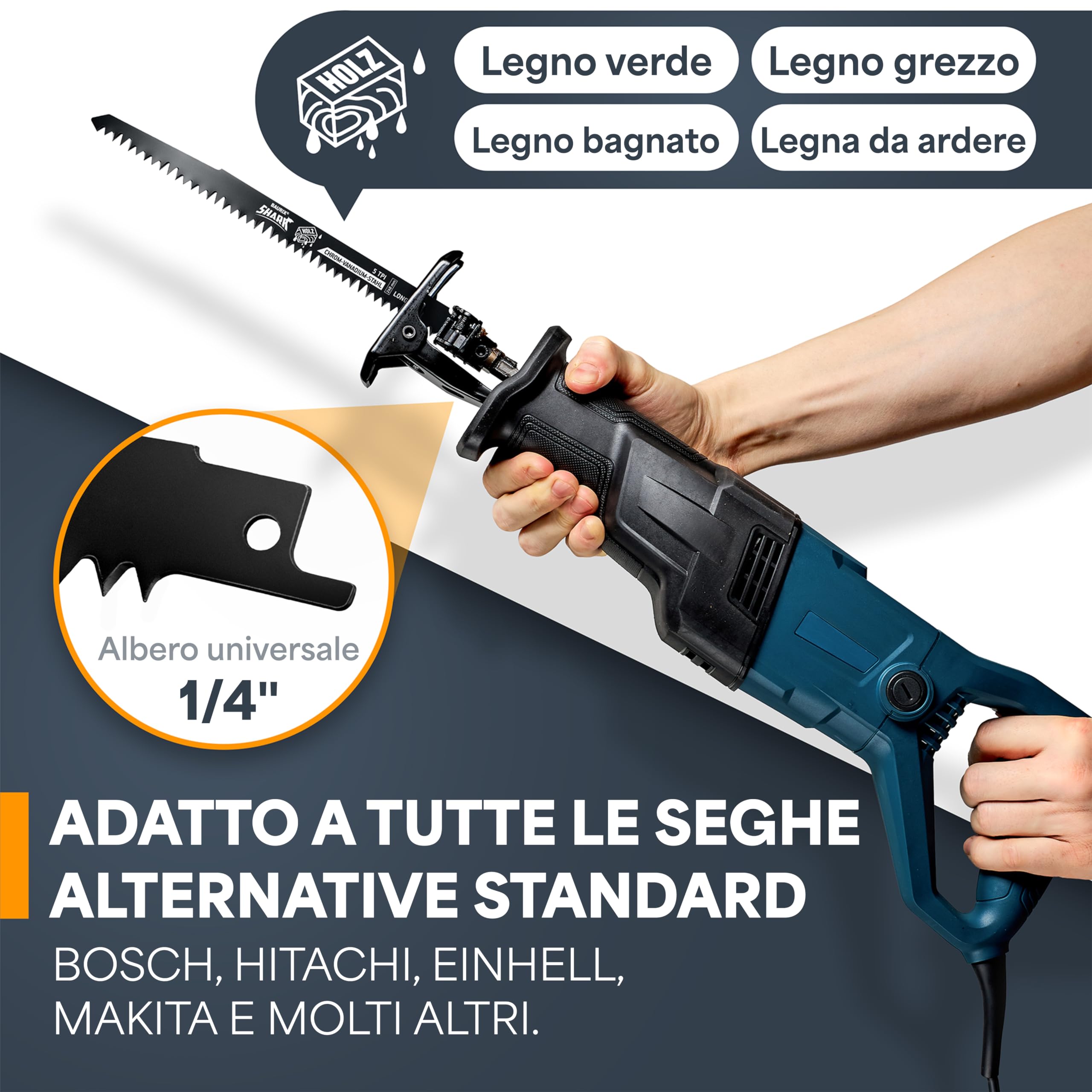 BAURIX® Lame per Seghetto SHARK® [5 Pezzi] - 240 mm - 5 TPI - Per Tagli Veloci e Puliti su Legno Grezzo, Umido, da Ardere e Vivo