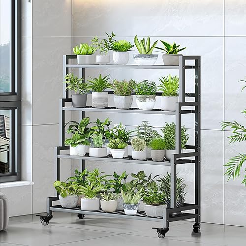 Miniatura 5 de YIZAJIA - Soporte para plantas de interior de 4 niveles de metal para exteriores, estante escalonado con rueda para múltiples plantas, escalera en