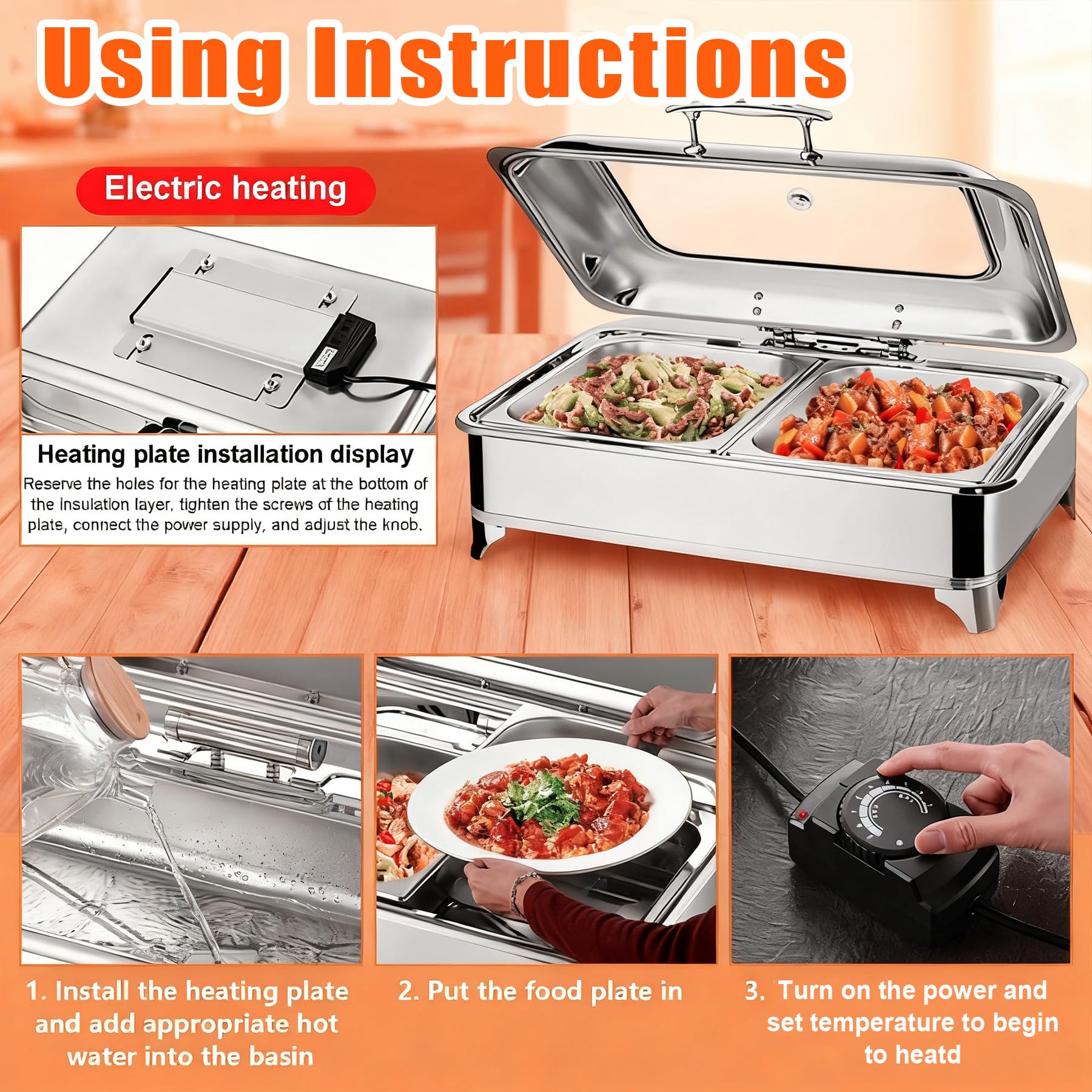 Chafing Dish Elettrico, 9L Scaldavivande Buffet Professionale Elettrico | Commerciale Contenitore Scalda Cibo con Copertura in Vetro per Buffet e Festa, Temperatura Regolabile 0-85℃