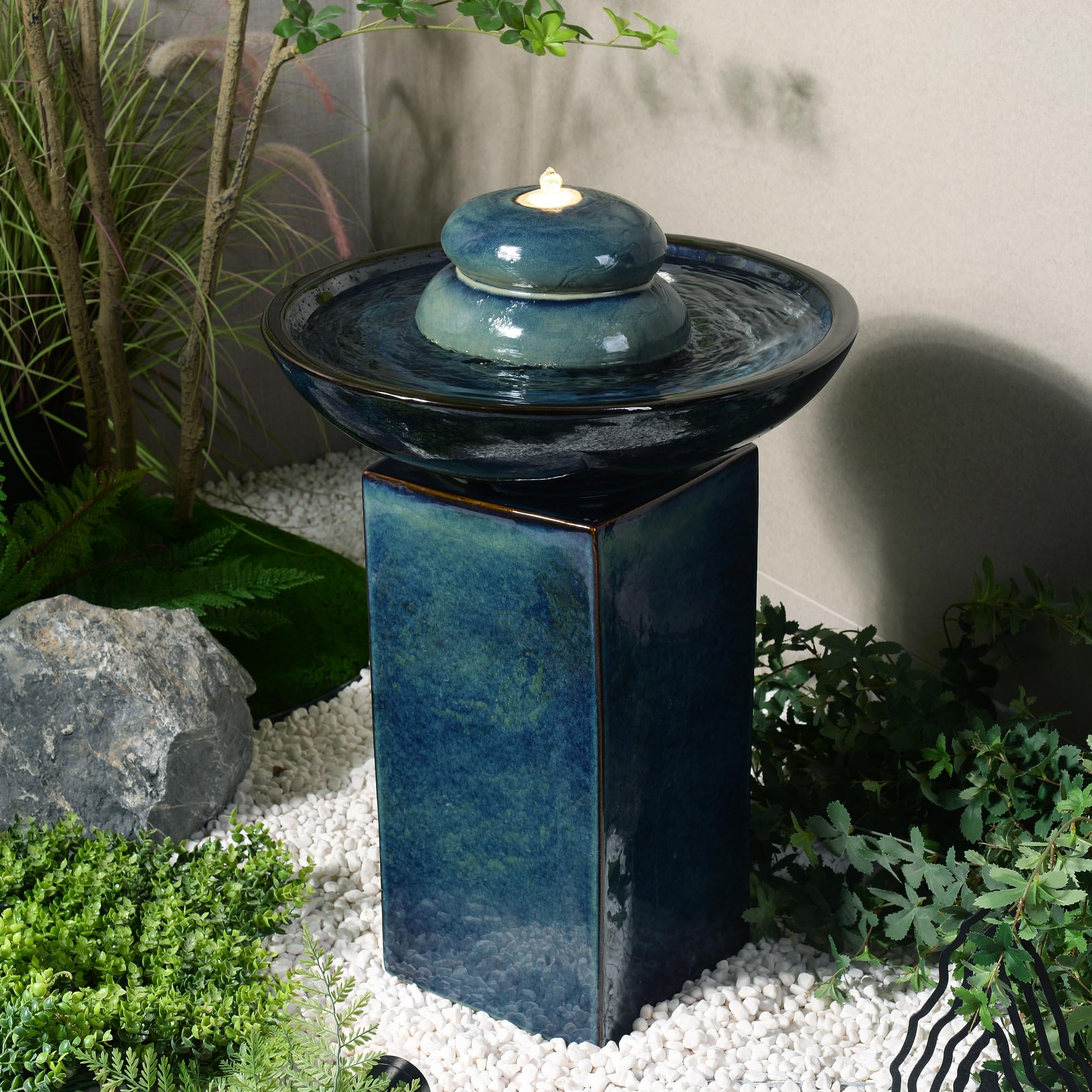 Blue Ceramic Fountain with Submersible Pump and Warm White LED Lights