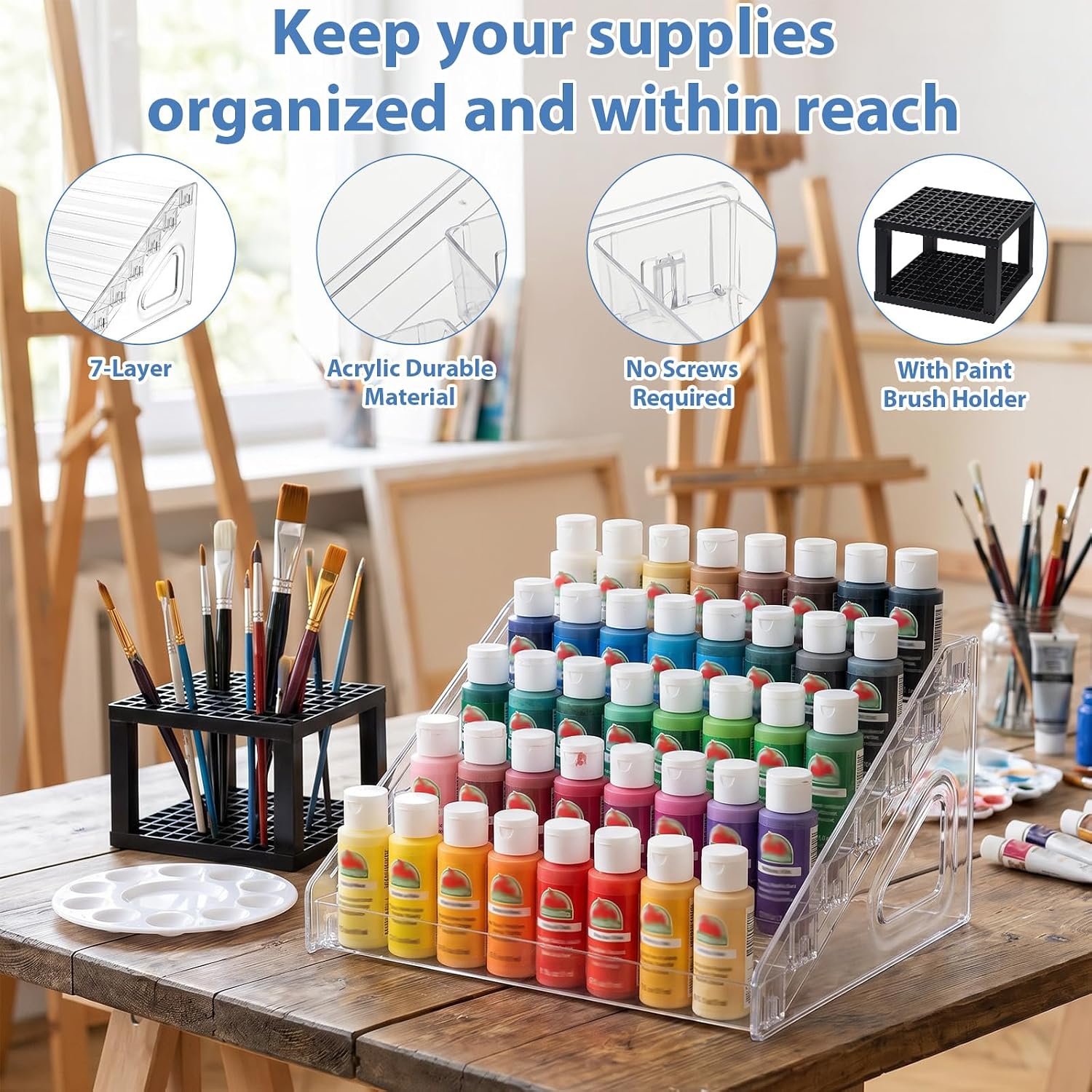MAQUITA 9 Pcs Clear Paint Organizer with Brush Holder, 7-Layer Acrylic Paint Organizer, Brushes & Mixing Palettes, Craft Storage Rack