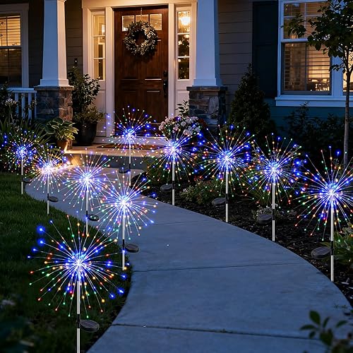Miniatura 14 de btfarm Paquete de 2 120 luces LED solares de jardín al aire libre, 8 modos de luces de fuegos artificiales, luces de hadas impermeables parpadeantes