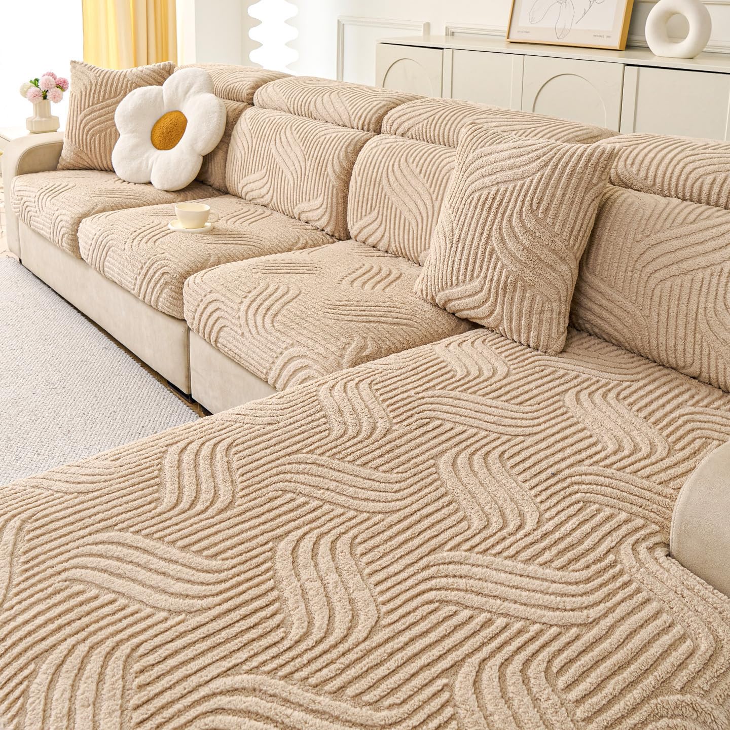 Funda Sofa Chaise Longue 1 2 3 4 Plazas Protector Cubre Sofa,Elástica Jacquard Fundas de Sofá Cheslong Brazo Largo Derecho Izquierda Funda Sofá de Forma L,Caqui,Extra Large L