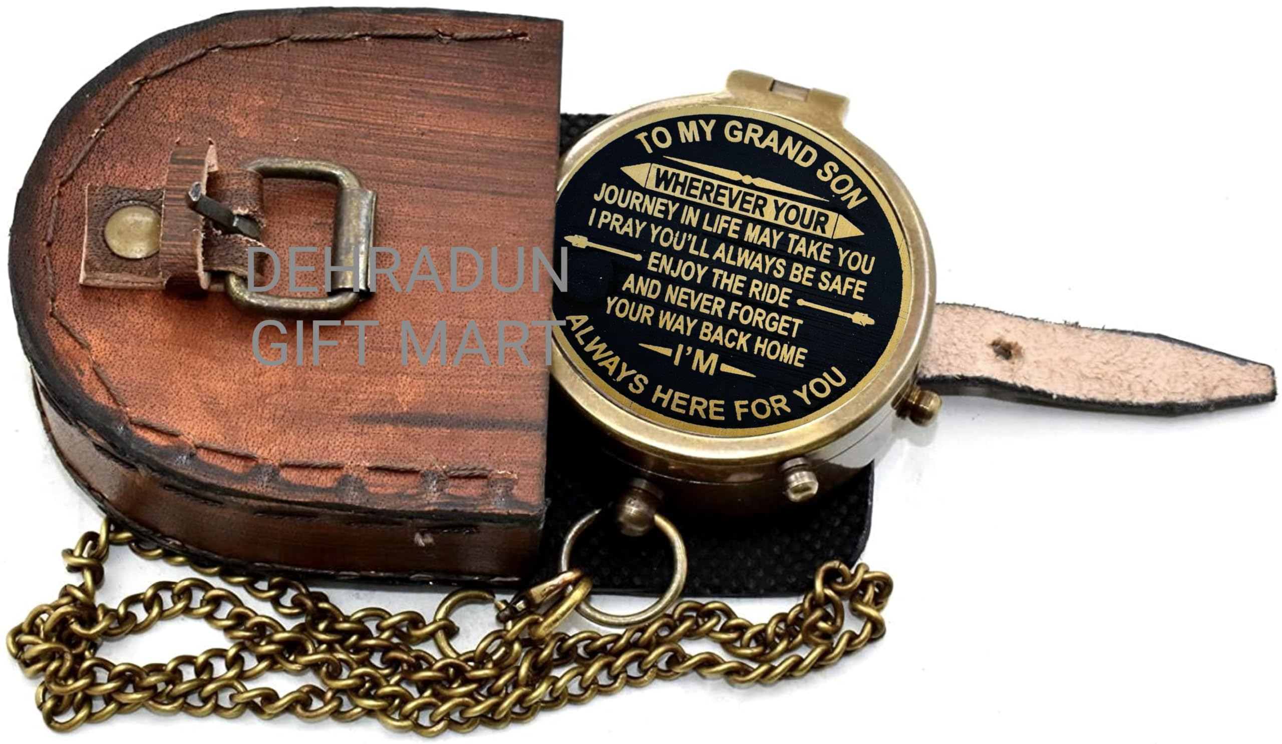 Bussola tascabile personalizzata in ottone anticato per nipote, messaggio inciso "Always Here for You" con custodia in pelle, regalo di laurea ispiratore, viaggio e avventura