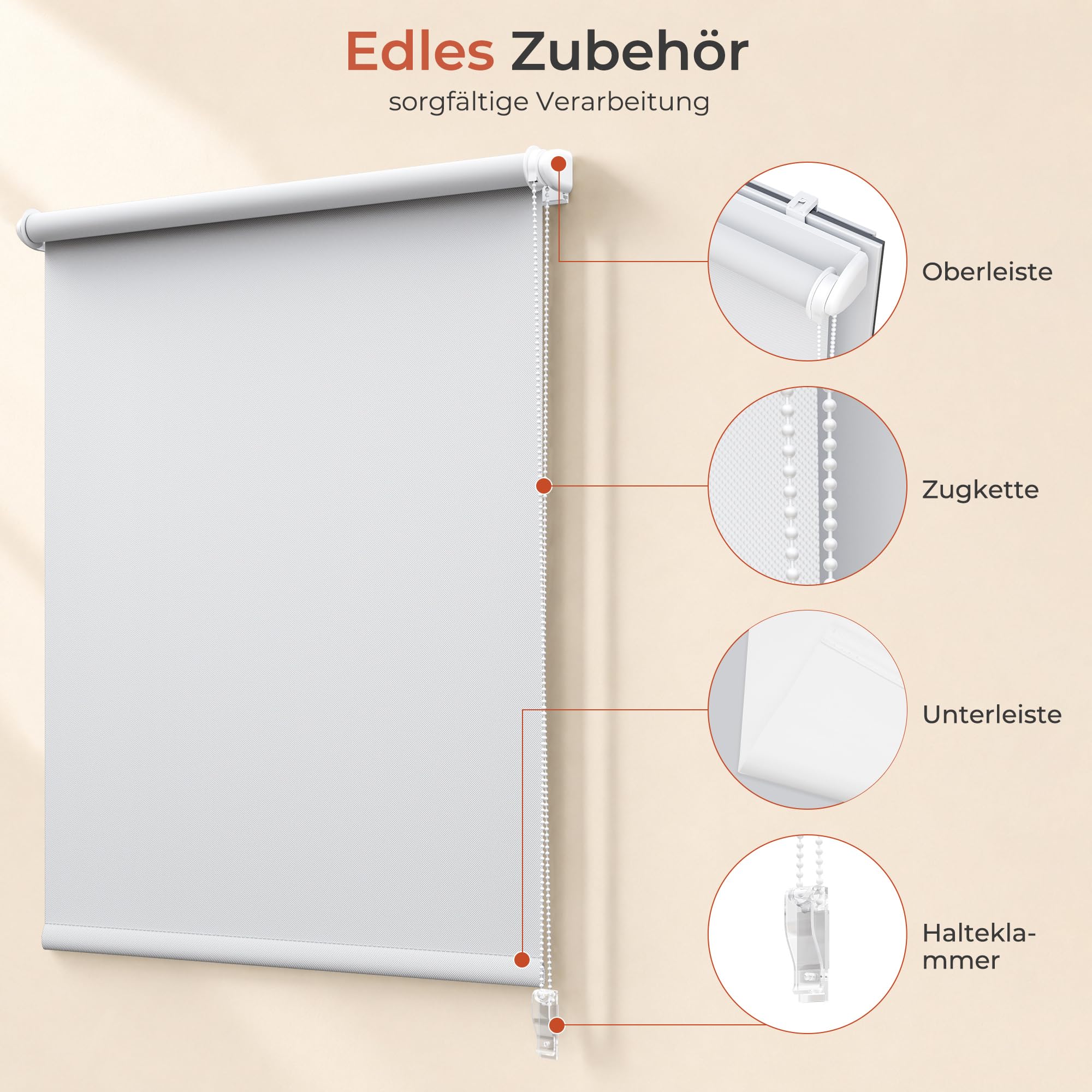 HOMEDEMO Verdunklungsrollo ohne Bohren B115 × H230 cm, Weiß