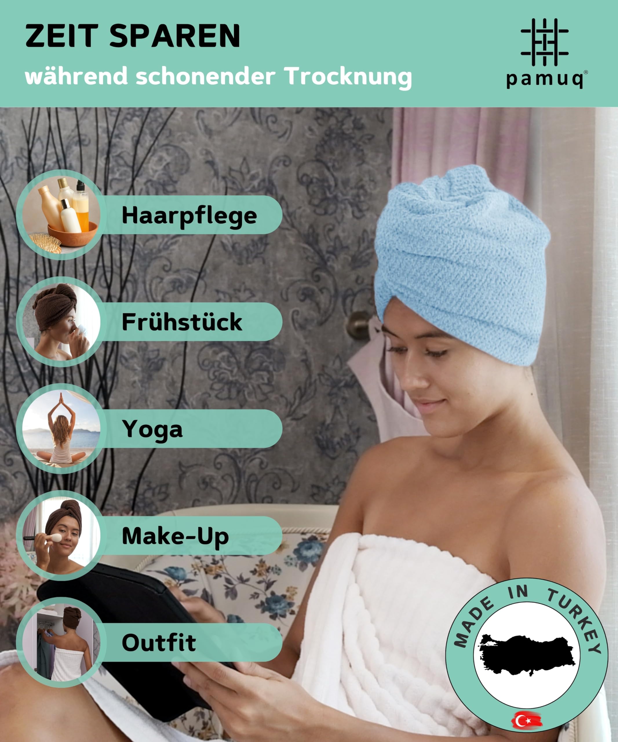 Haarturban aus 100% Baumwolle (Hellblau) – 2er Set Haarhandtücher mit Knopf, schnelltrocknendes Haartrockentuch für nasse & Lange Haare, weiches Turban Handtuch Damen
