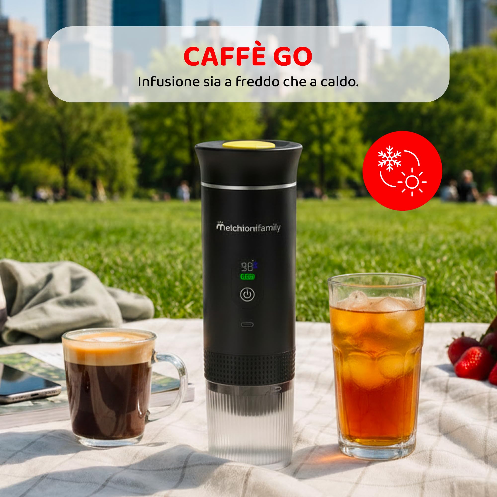 Melchioni Caffè Go - Macchina Caffè Portatile 3 in 1 - Batteria Ricaricabile USB-C - Compatibile con Capsule Nespresso - Compatibile con Capsule Dolce Gusto - Compatibile con Caffè Macinato - Pompa 20