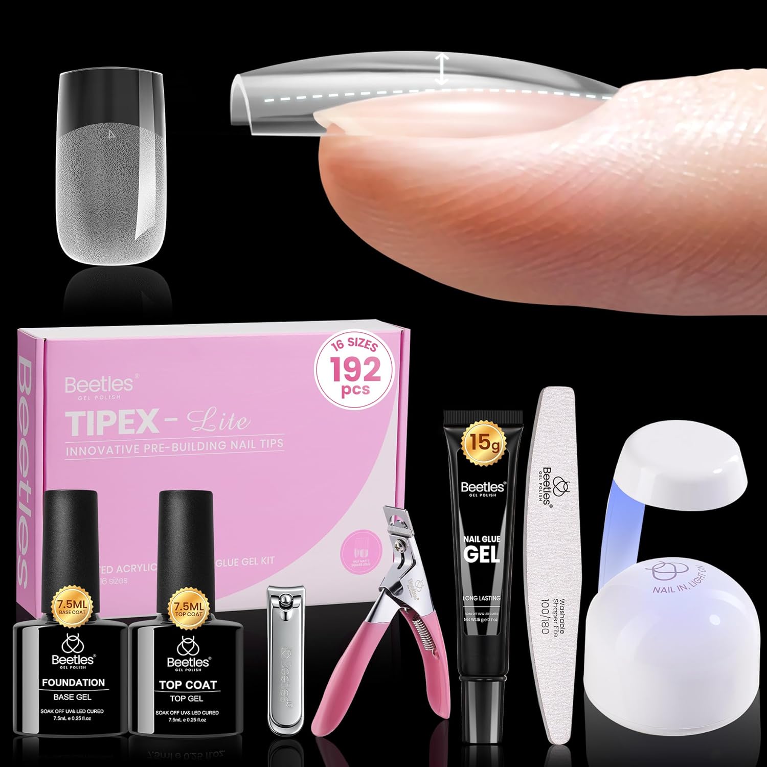 Beetles Tipex Lite Apex Nail Tips Kit, Square Short, 192pcs 16 Sizes,with UV Nail Glue, Base & Top Coat, Mini Nail Lamp, Nail Clipper & Cuticle Nipper,Pre-Building Pre-Etched Acrylic Tips Kit