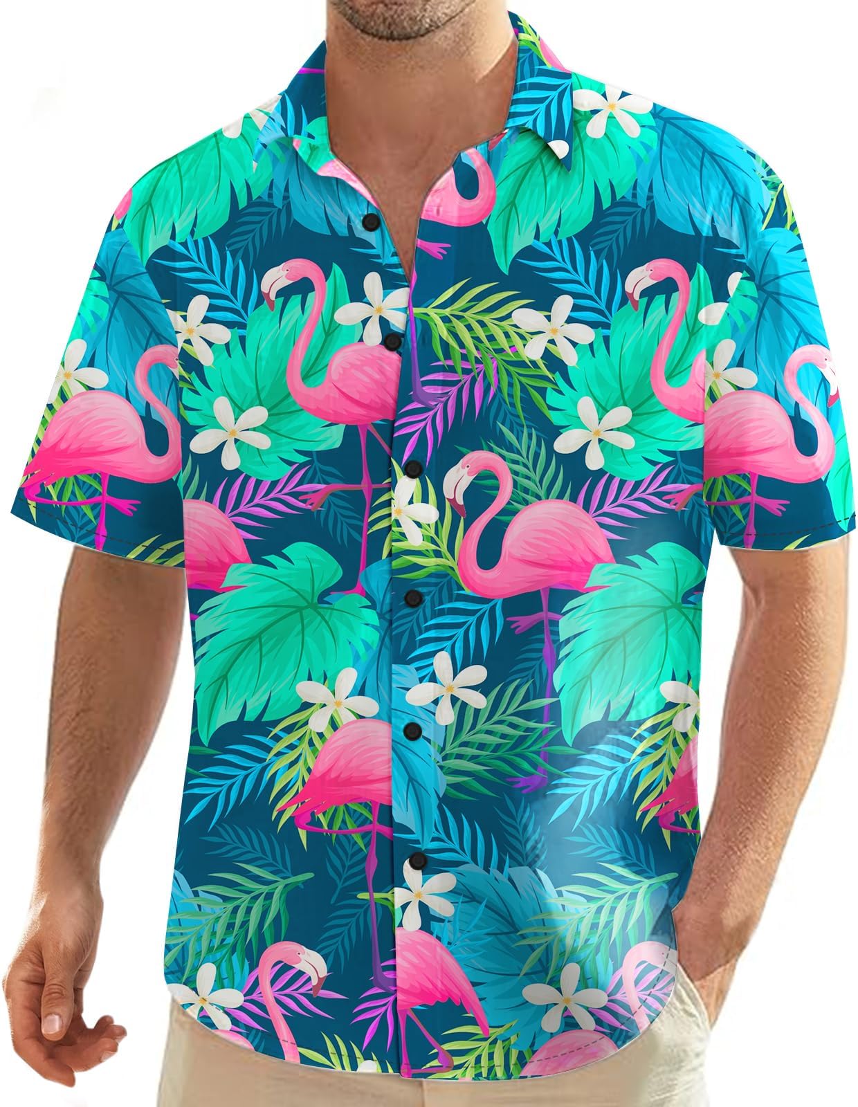 Men's Hawaiian Shirts Flamingo Floral Button Down Tropical Holiday Beach Shirts Short Sleeve Casual Vacation