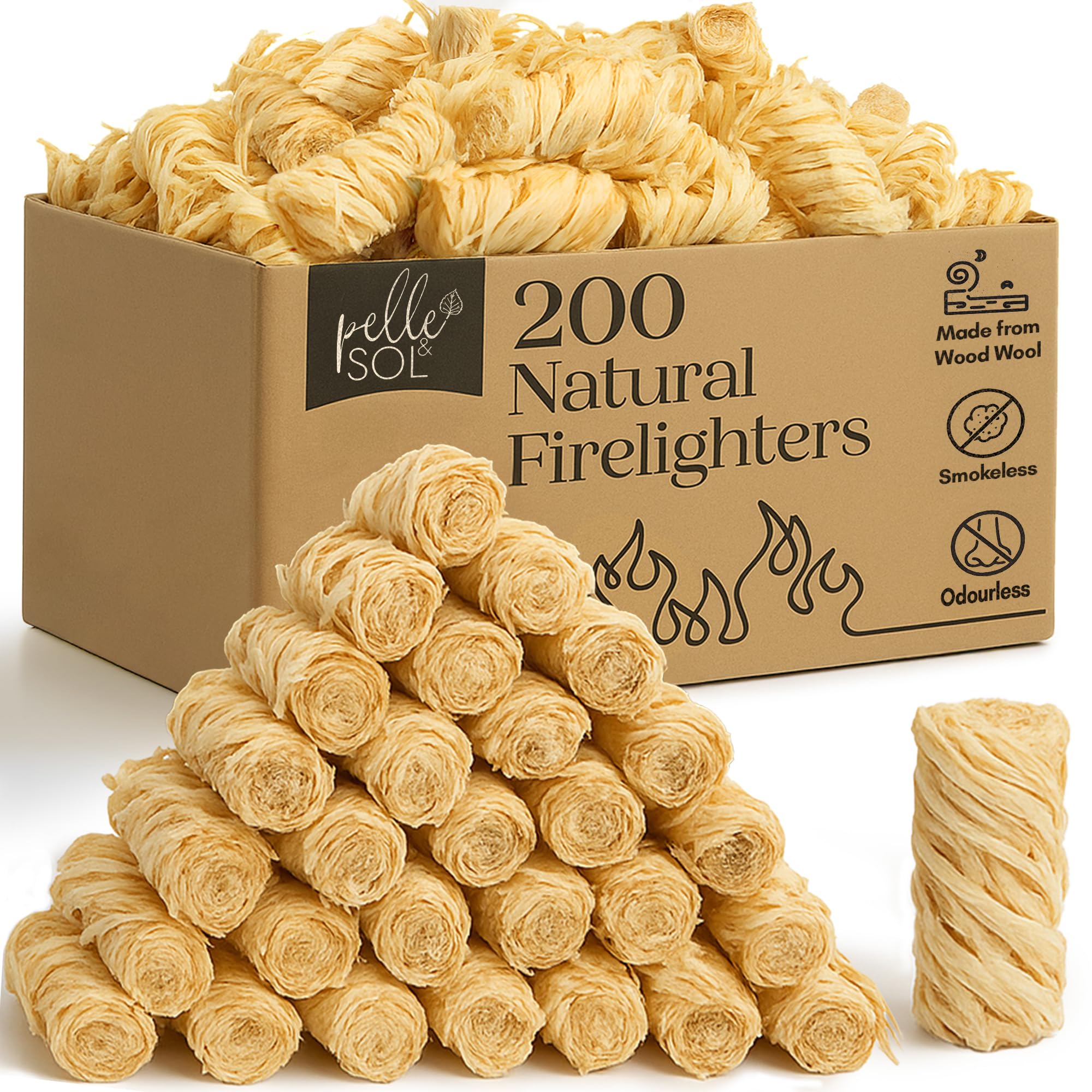 Pelle & Sol 200 Natural Firelighters โ Long Burning Fire Lighters for Wood Burners, BBQ Lighter, Pizza Ovens, Open Fires โ Quick Light Fire Starter, Log Burner Accessories - Eco Firelighters