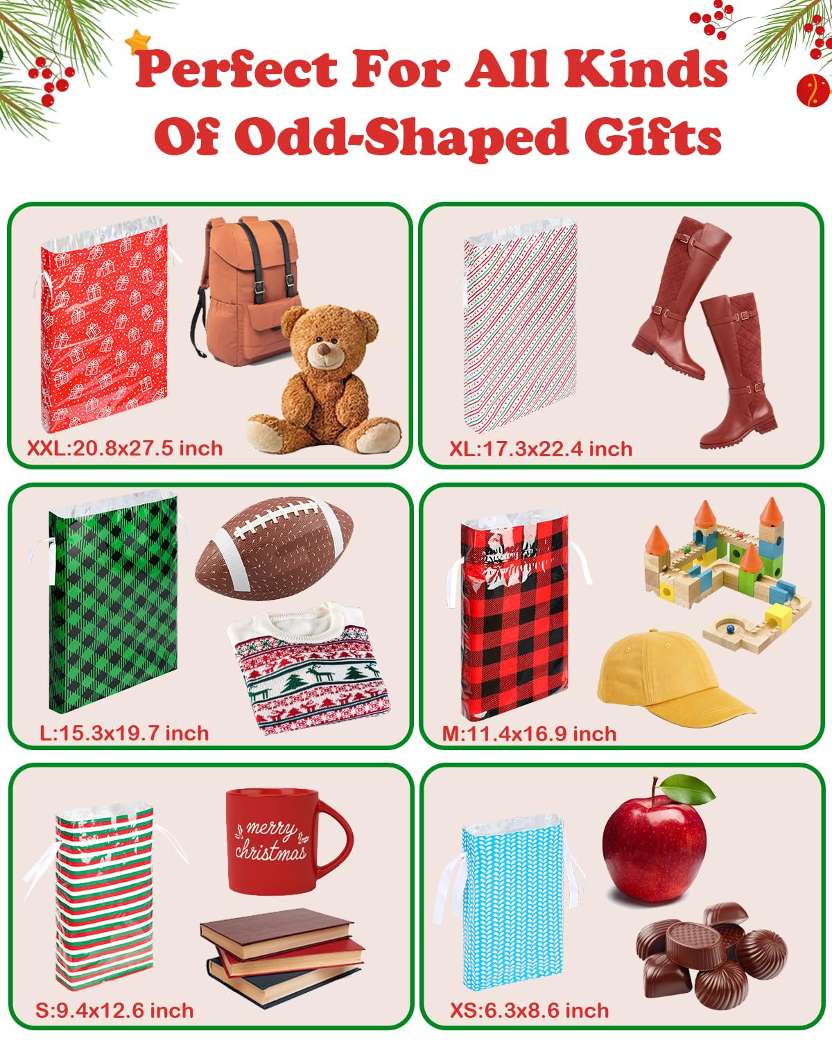 Bolsas de regalo de Navidad de varios tamaños, 34 bolsas de Navidad para regalos, bolsas de regalo de Navidad pequeñas/medianas/grandes/extragrandes con lazos de cinta, bolsa de regalo reutilizable de