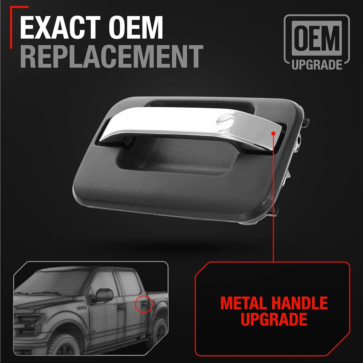 T1A Exterior Rear Driver Door Handle, Upgraded Metal - Compatible with 2004-2014 Ford F-150, 04-14 Ford Lobo, 04-14 Lincoln Mark LT - Chrome, Black - OEM 9L3Z-1626605-AA-HCHMT