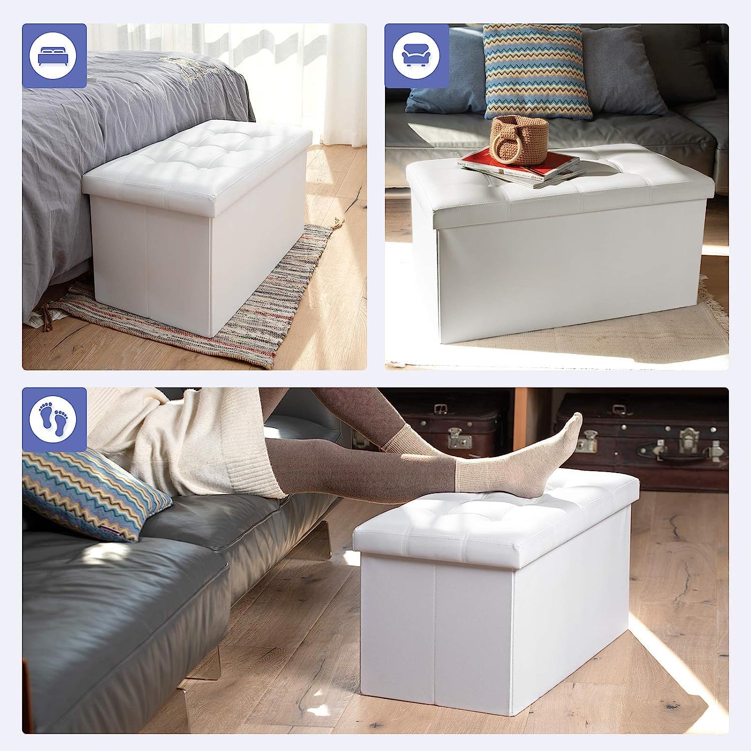 BOLLI Pouf avec Espace de Rangement 76x38x38 cm, Canapé Pouf avec Coffre de Rangement, Repose-Pieds en Forme de Cube avec Couvercle Rembo -Blanc