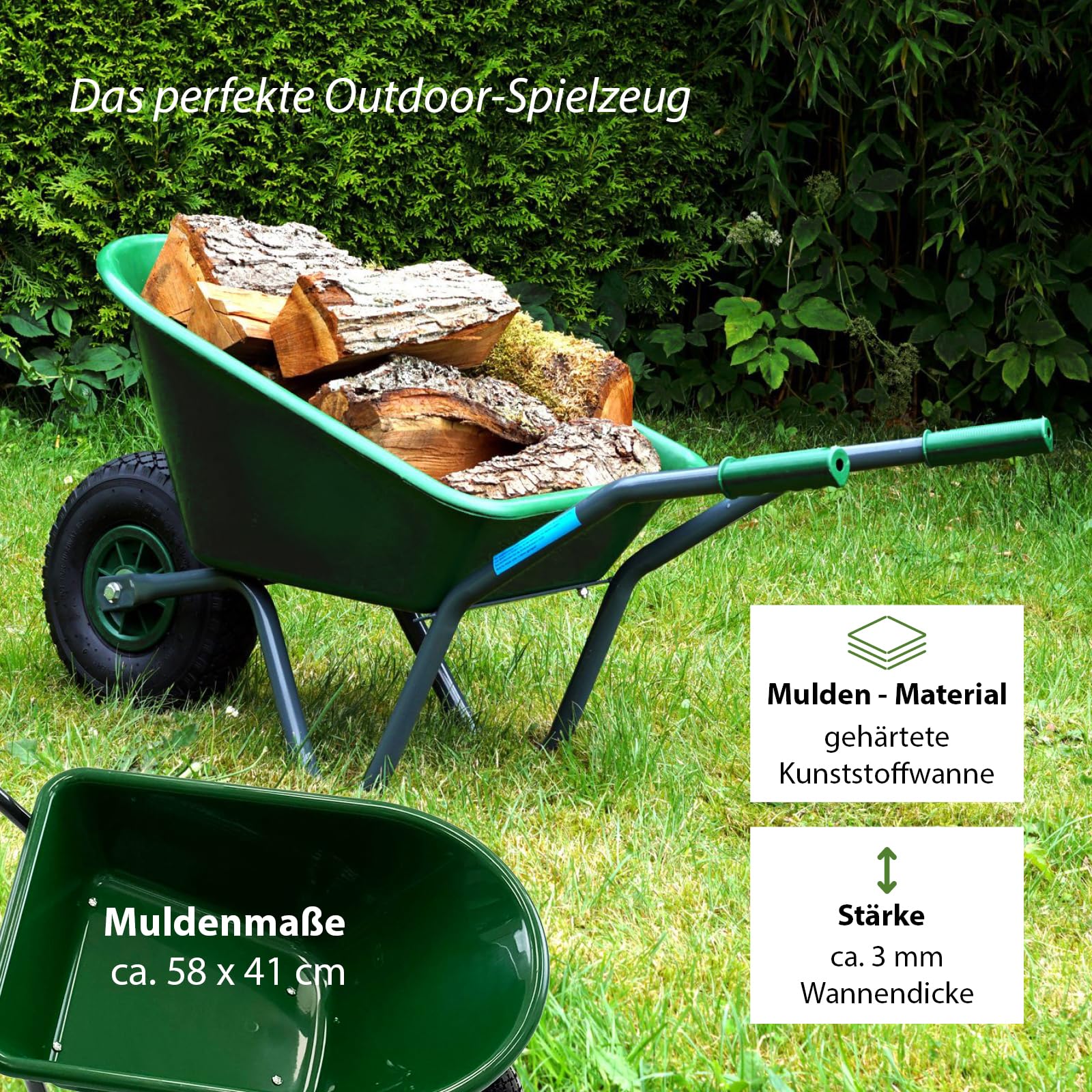 TRUTZHOLM Kinderschubkarre Uni 3,6 kg 40 kg Traglast Stahl Kunststoff grün Vollgummirad Schiebkarre Gartenkarre (Uni I grün)