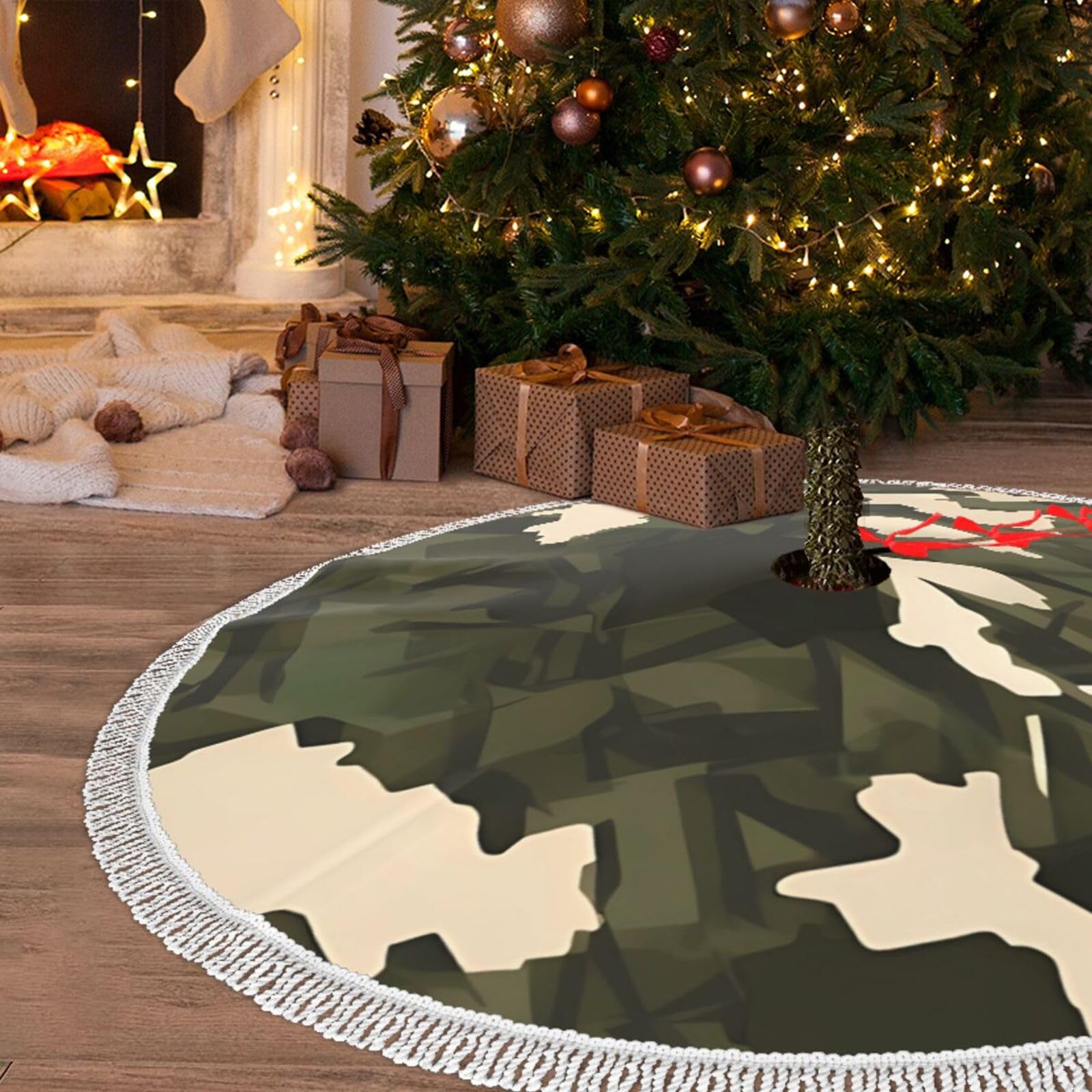 Jupe de sapin de Noël avec pompons haut de gamme au design camouflage rustique chic