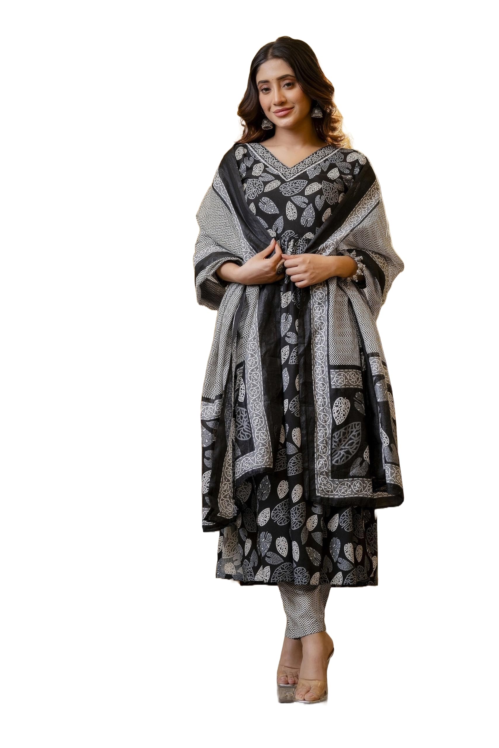 Lookmark Women's Printed Cotton Blend Lace A-Line Kurta Pant Dupatta Set - Ethnic Elegance For Every Occasion! Experience Comfort And Style With This Stunning Ensemble (Az-Lm-Og-Ks2122-Xxl) Black