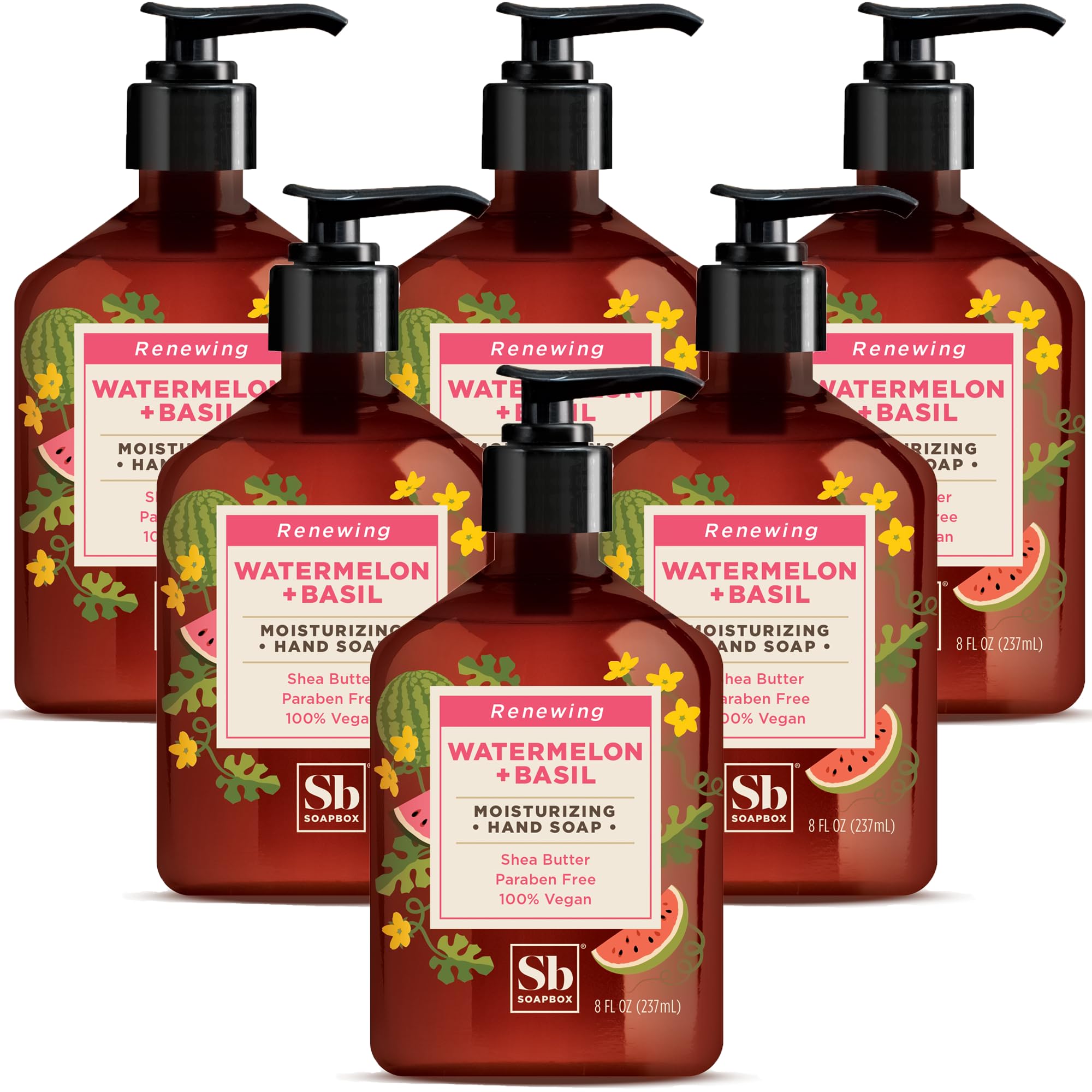 Hand Soap Watermelon + Basil Hand Soap for Bathroom & Kitchen with Pump Dispenser, (6 Pack, 8 oz Each)