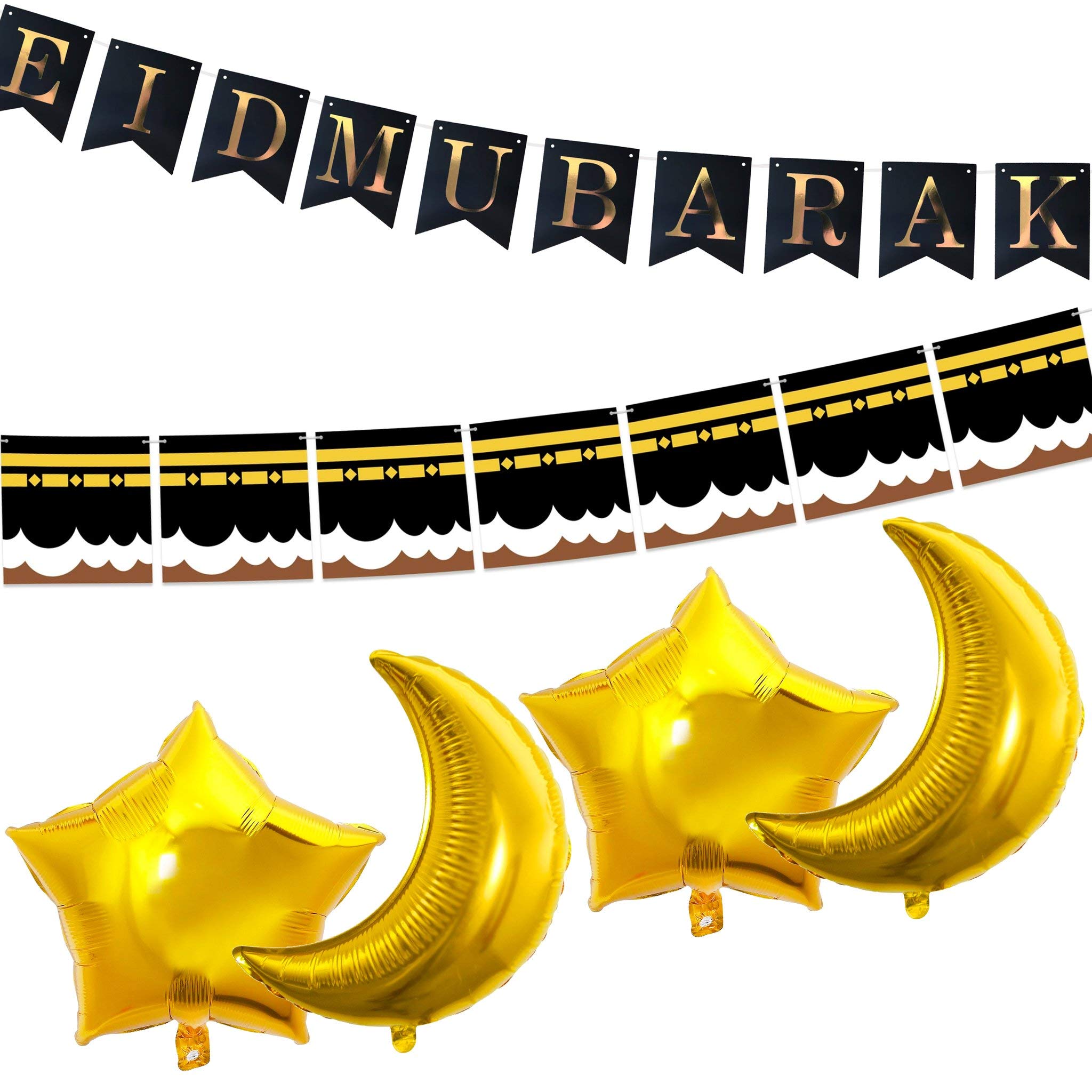Rocking Party Eid al-Adha/Bakra/Kurban Bayram: Black Bunting, Kaaba Bunting, 4pc Gold Foil Moon & Star Balloons Decoration Set