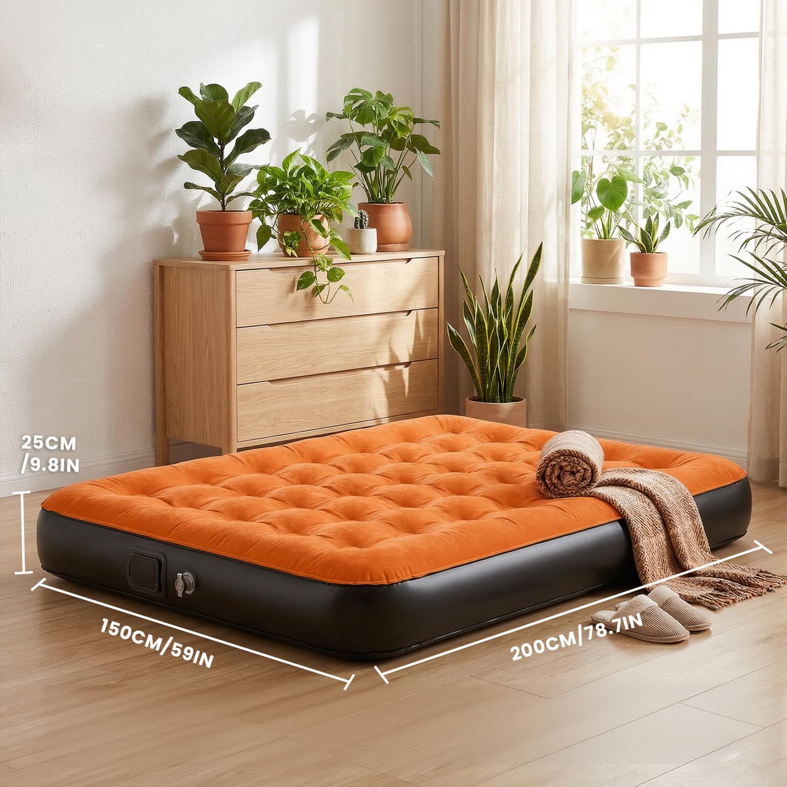 Luftmatratze Selbstaufblasend, Aufblasbare Matratze mit integrierter Pumpe Aufblasen 3 Min, Luftbett Königgröße für Heim Camping Reise | 200 x 150 x 25 cm (Orange, 200 x 150 x 25 cm)