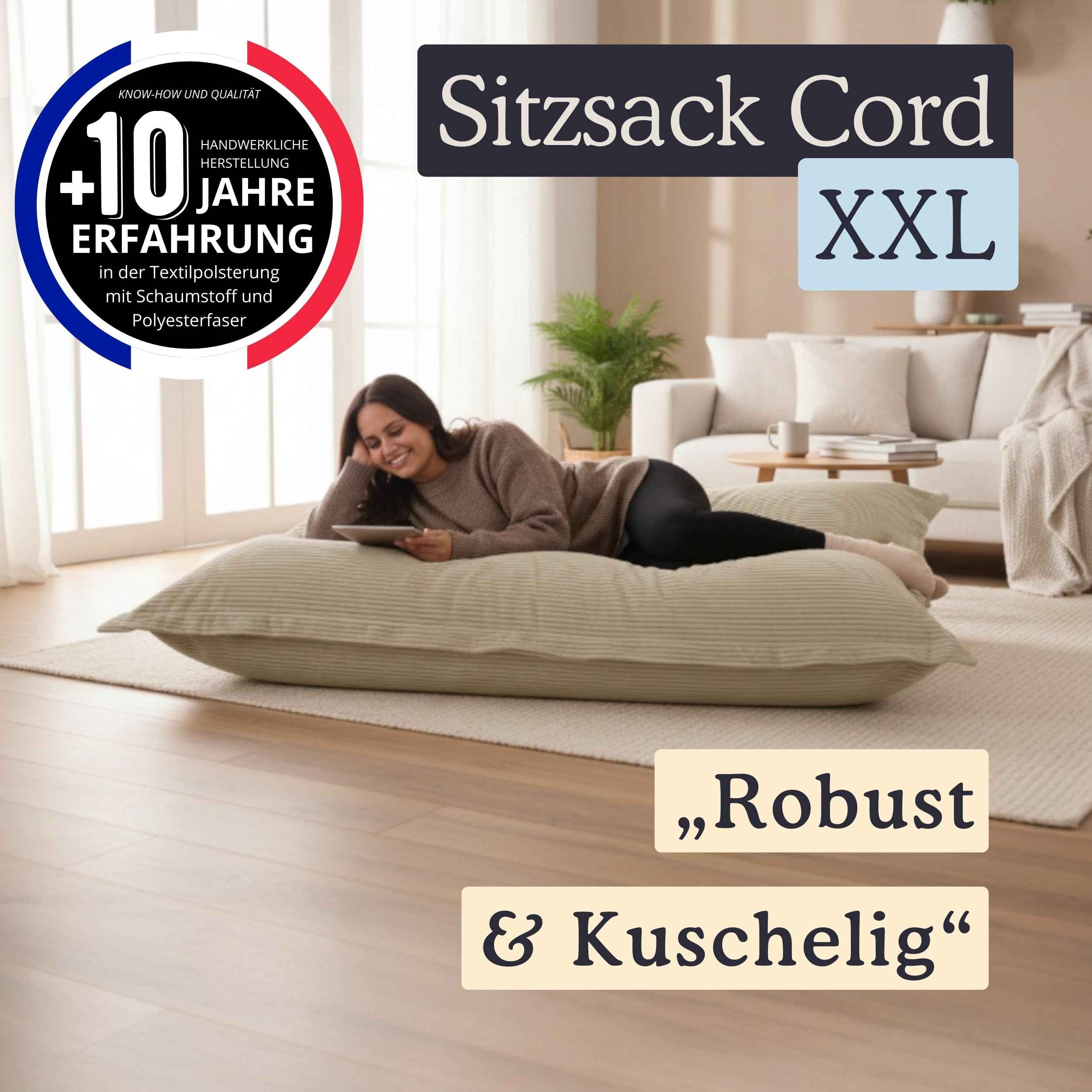 bananair - Sitzsack XXL aus Cordstoff für Kinder und Erwachsene, Weich und Bequem, Maschinenwaschbarer Bezug - Sitzsack mit Füllung, Giant Bean Bag, Puff, Bodensofa (180x140 cm, Beige)