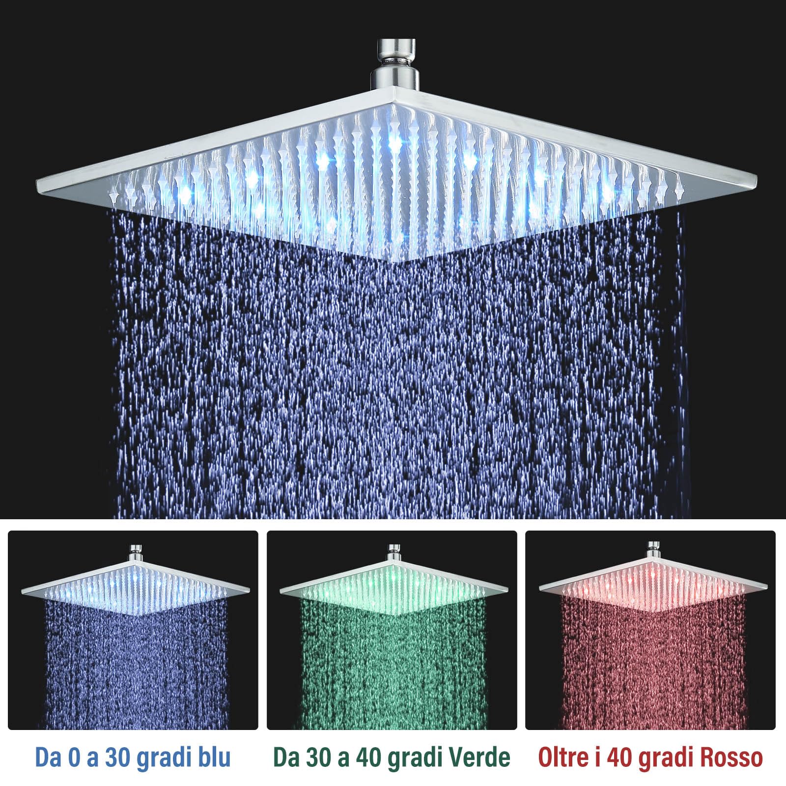 JUNSHENG Soffione Doccia Quadrato da 12”, Doccia a Pioggia con LED, Soffione Doccia Fisso (30x30cm) spazzolato