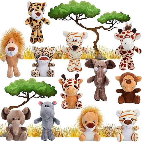 Sumind 12 Piezas Mini Animales de Peluche del Bosque Animales de la Selva Juguetes de Felpa de 4.8 Pulgadas Lindo Elefante León Jirafa Tigre de