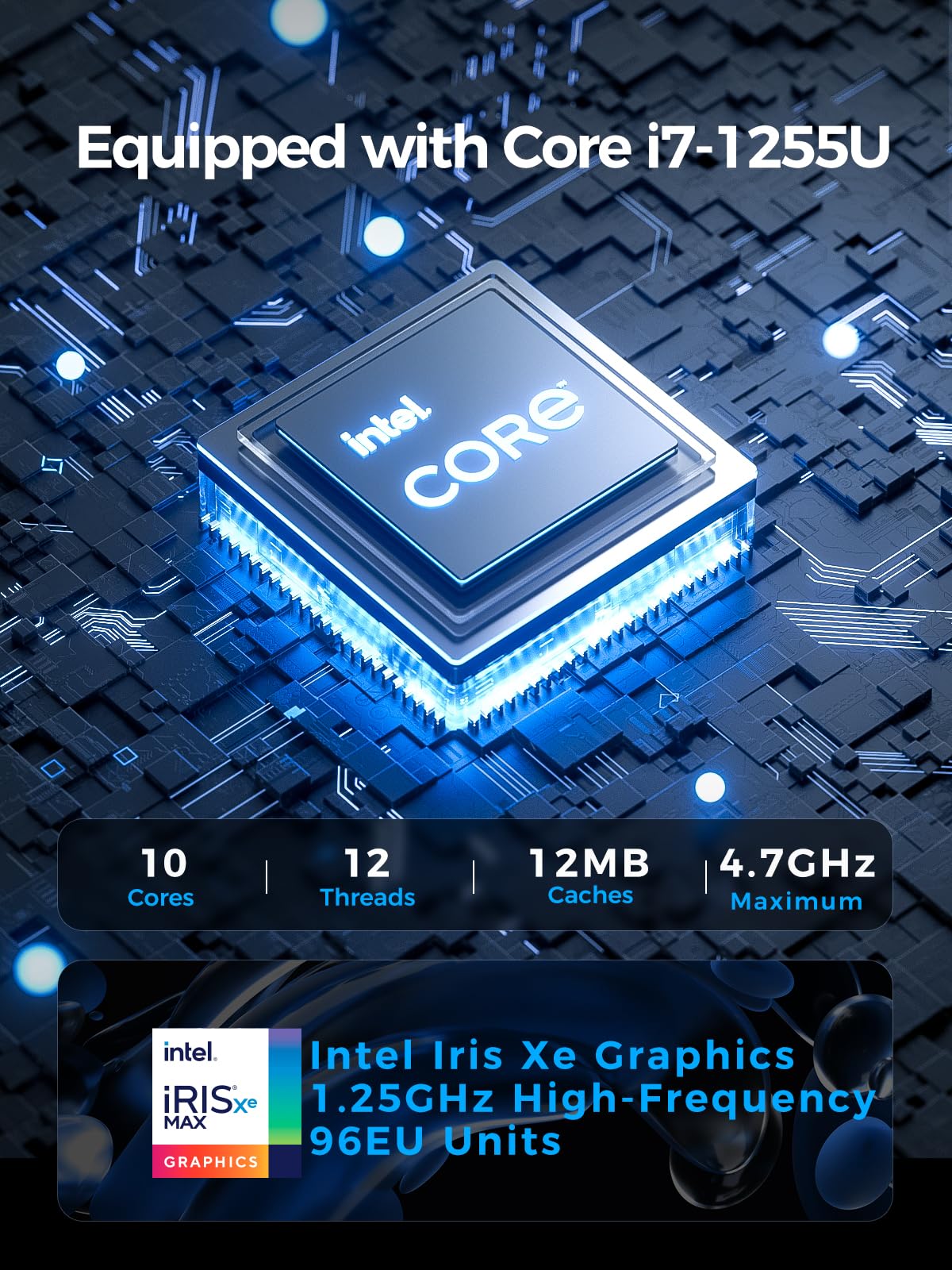 Mini PC K3 Core i7-1255U, computadoras sin ventilador (10C/12T, hasta 4.7GHz) 16GB DDR4/1TB PCIe4.0 SSD, carcasa de metal, PC industrial pequeña Win11 Pro, 8K UHD/2.5G LAN/Thunderbolt 4/WiFi 2