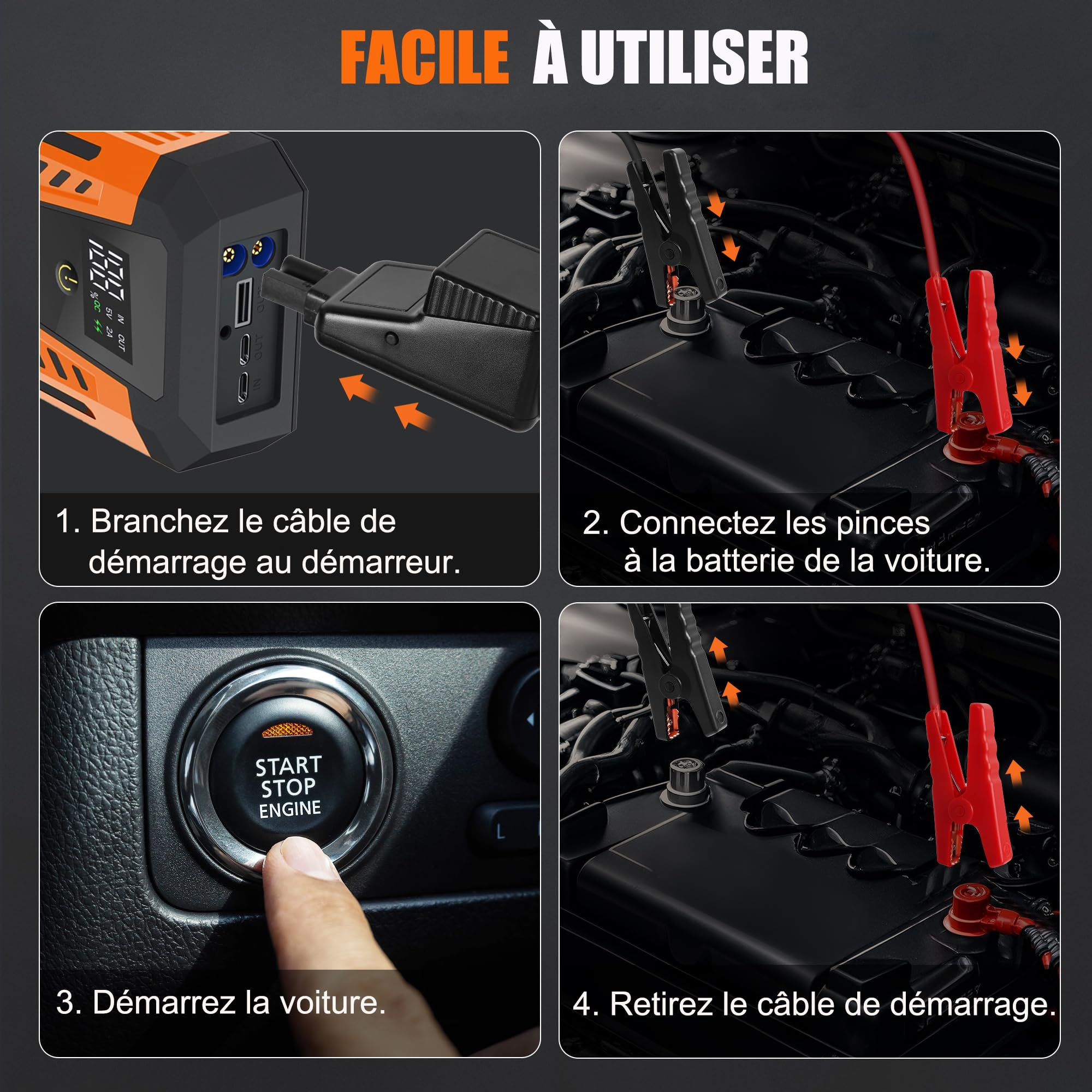 Booster Batterie Voiture 3000A 26640mWh,Charge Rapide 20W,12V Démarreur de Voiture Portable(pour Esence & Diesel), Jump Starter avec Écran, Lumière LED à 4 Modes